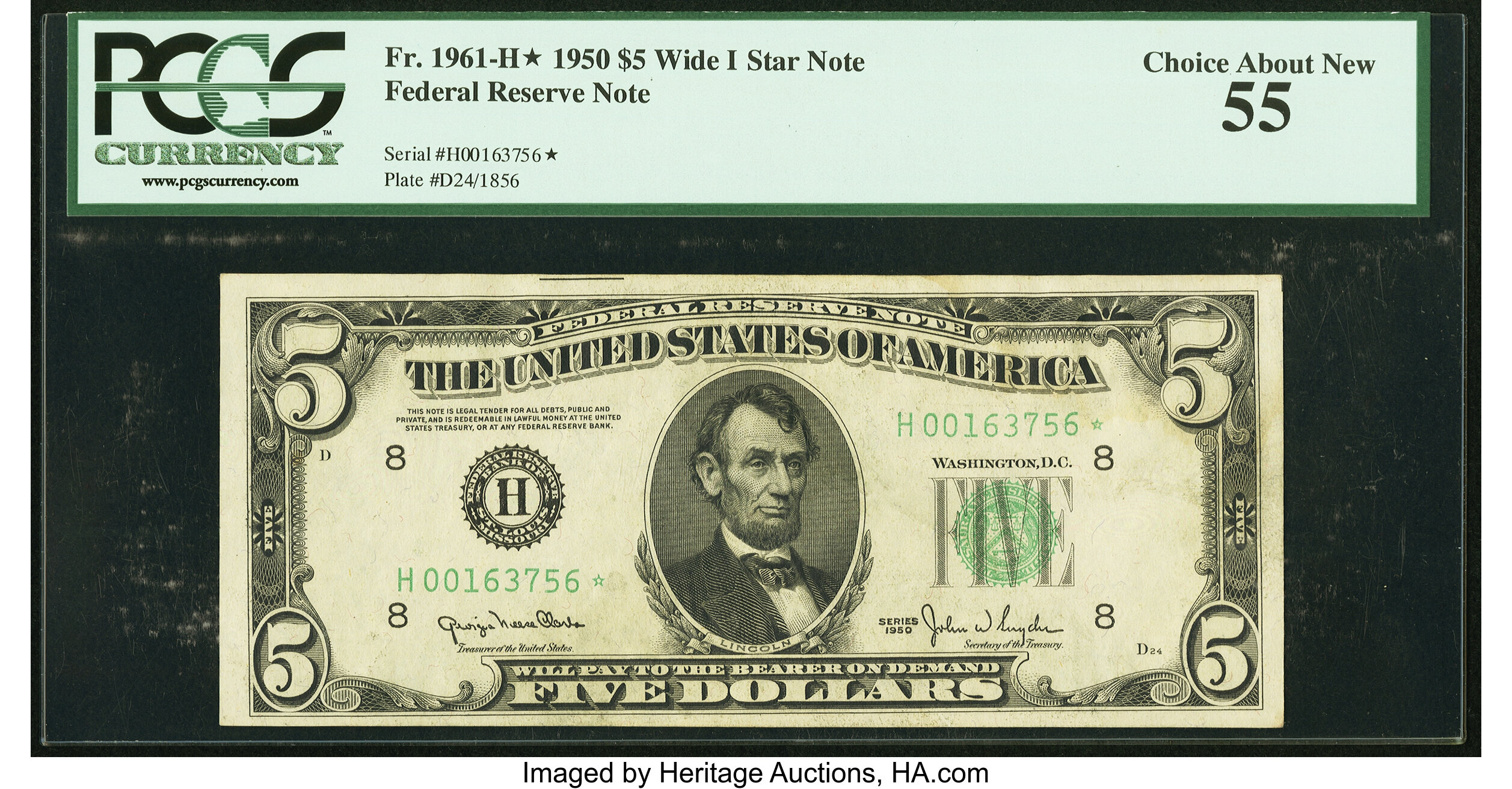 image for: Fr. 1961-H* $5 1950 Wide I Federal Reserve Star Note. PCGS Choice About New 55....