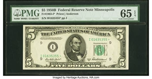 image for: Fr. 1963-I* $5 1950B Federal Reserve Star Note. PMG Gem Uncirculated 65 EPQ....