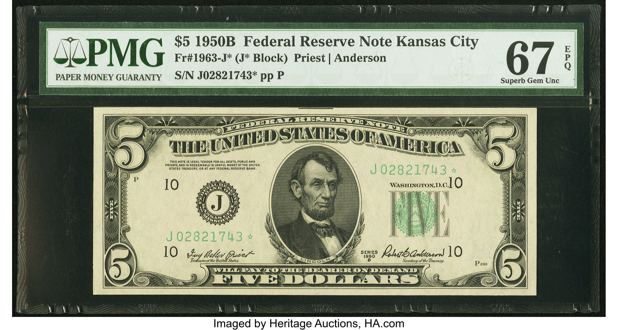 image for: Fr. 1963-J* $5 1950B Federal Reserve Star Note. PMG Superb Gem Unc 67 EPQ....