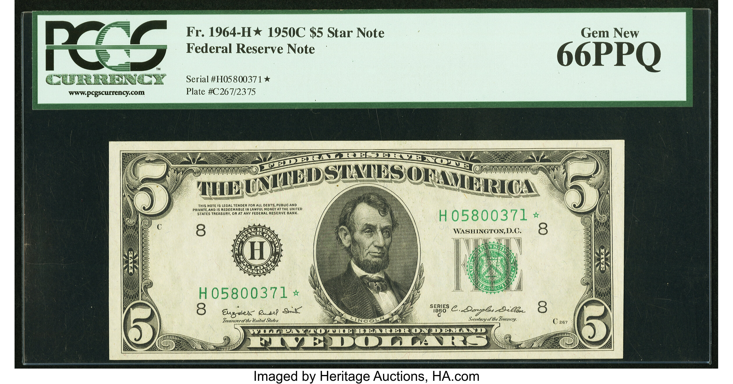 image for: Fr. 1964-H* $5 1950C Federal Reserve Star Note. PCGS Gem New 66PPQ....