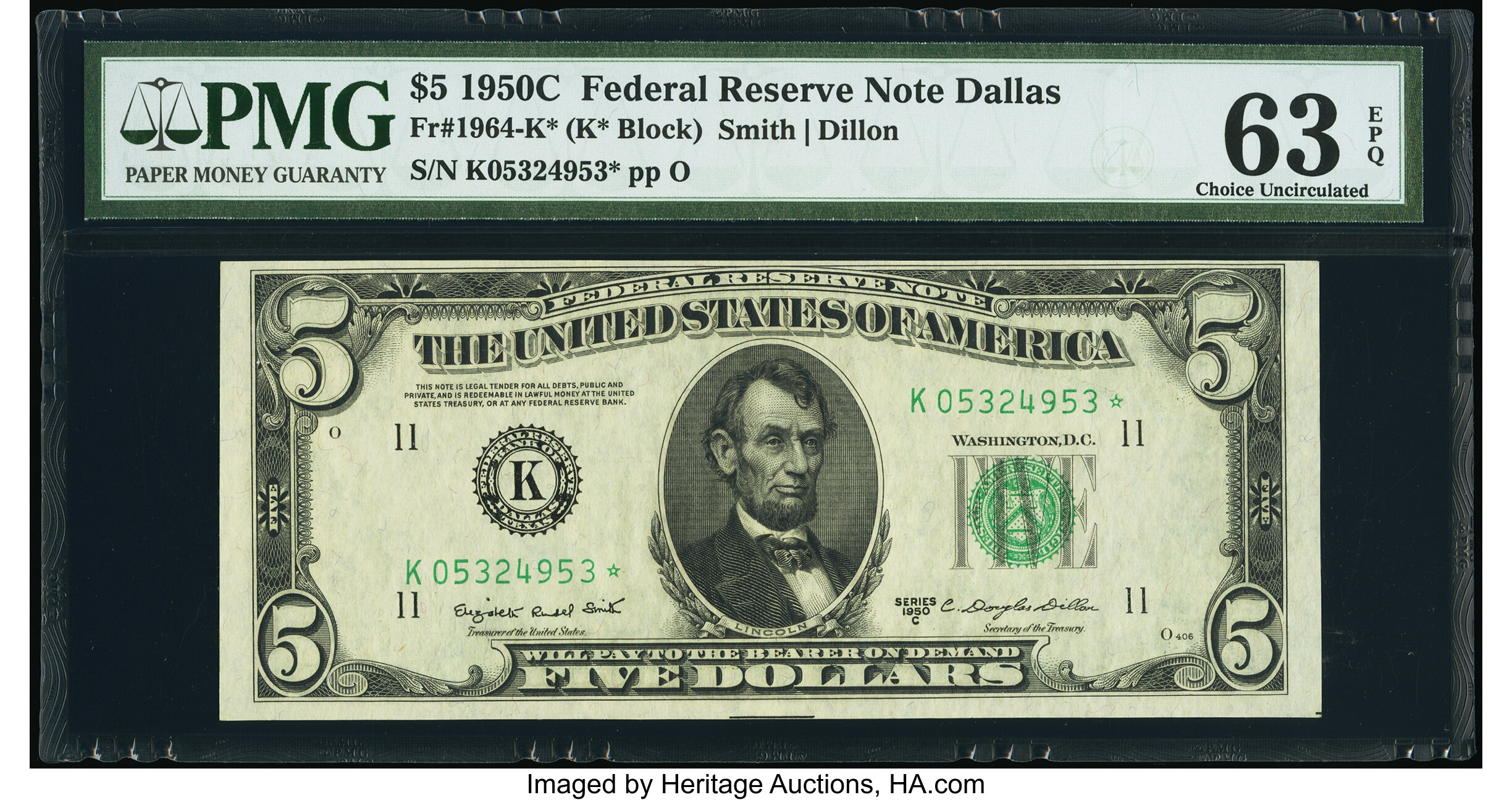 image for: Fr. 1964-K* $5 1950C Federal Reserve Star Note. PMG Choice Uncirculated 63 EPQ....
