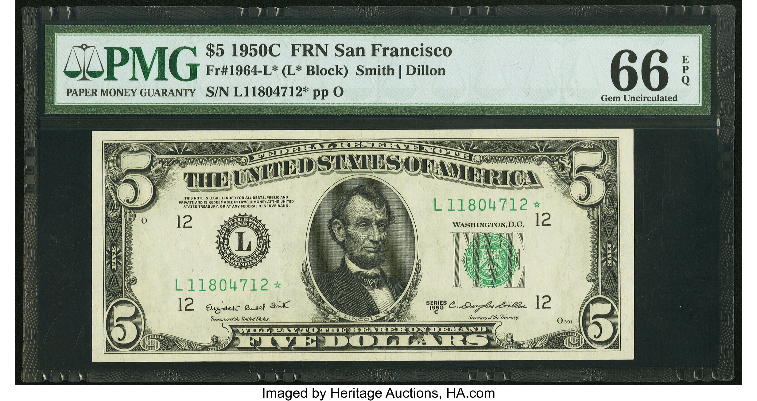 image for: Fr. 1964-L* $5 1950C Federal Reserve Star Note. PMG Gem Uncirculated 66 EPQ....
