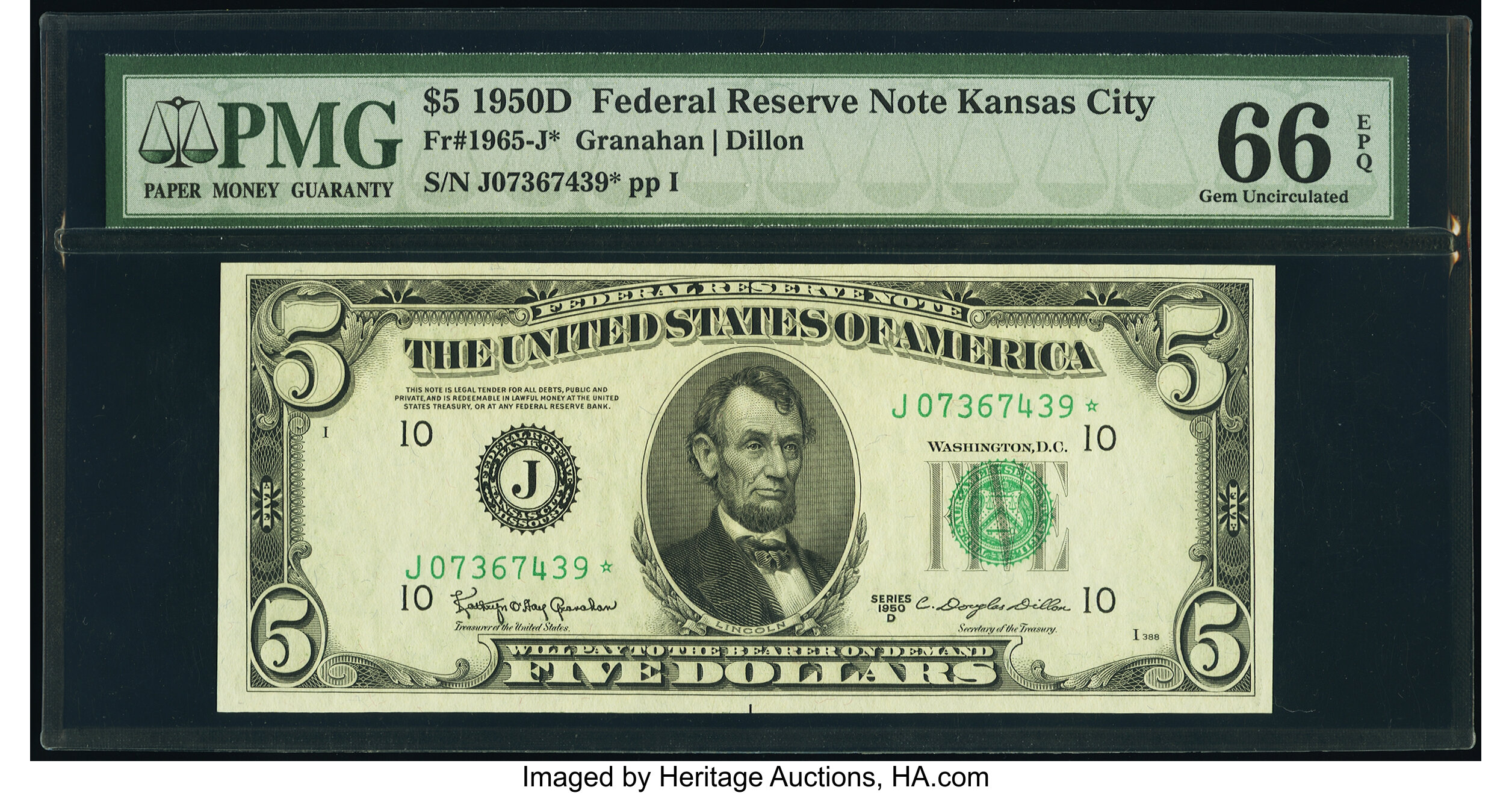 image for: Fr. 1965-J* $5 1950D Federal Reserve Star Note. PMG Gem Uncirculated 66 EPQ....