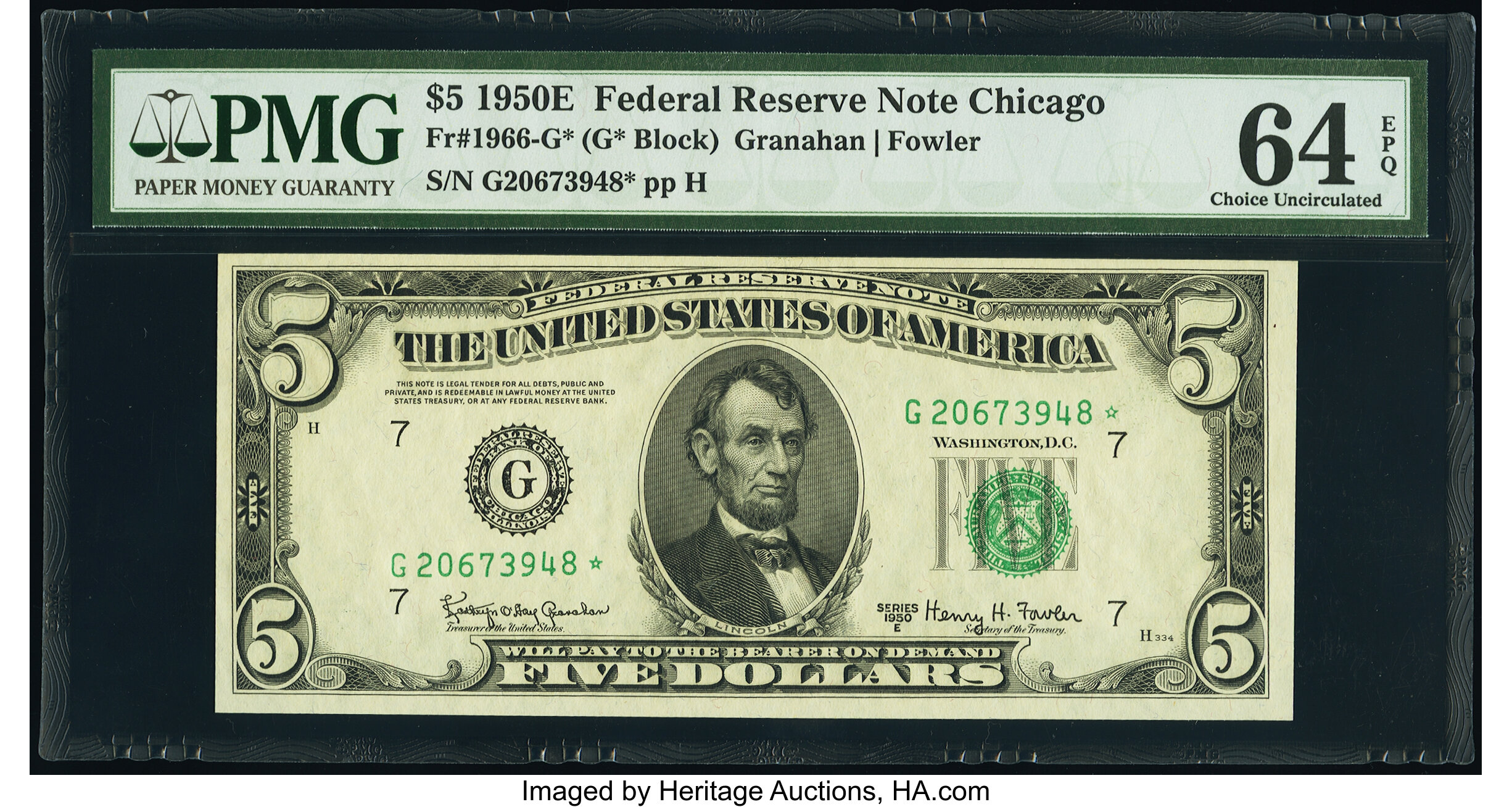 image for: Fr. 1966-G* $5 1950E Federal Reserve Star Note. PMG Choice Uncirculated 64 EPQ....