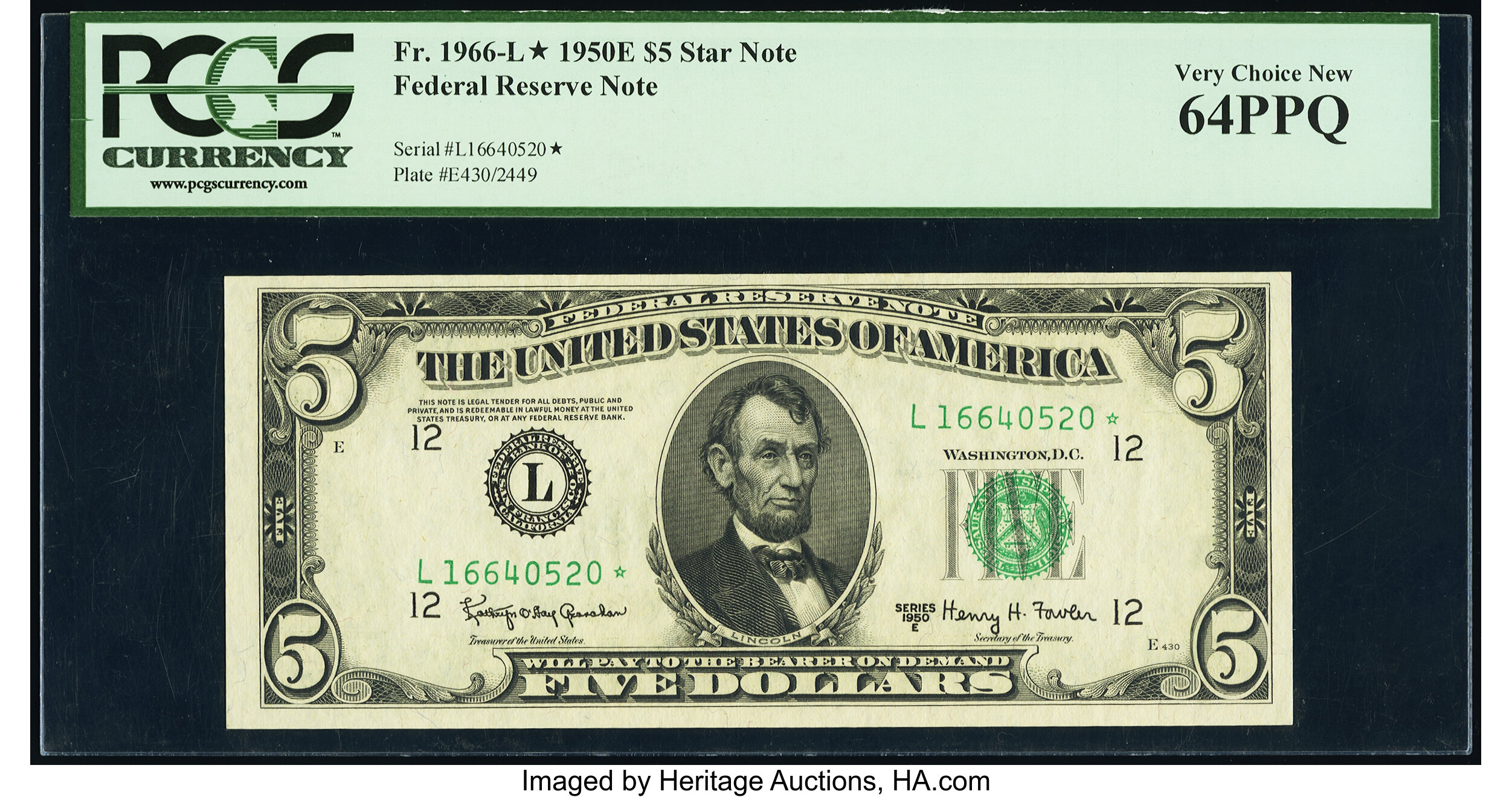 image for: Fr. 1966-L* $5 1950E Federal Reserve Star Note. PCGS Very Choice New 64PPQ....