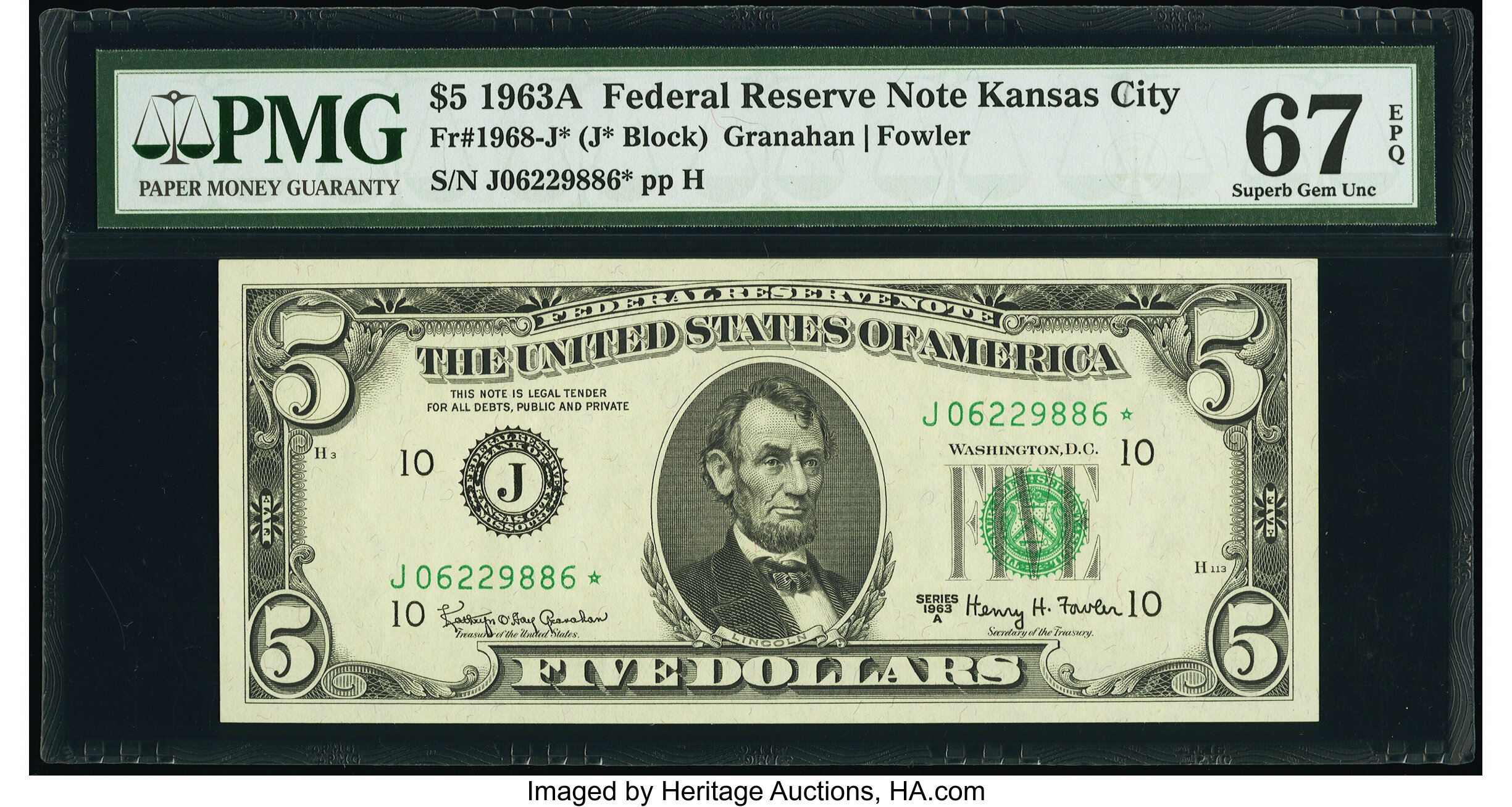 image for: Fr. 1968-J* $5 1963A Federal Reserve Star Note. PMG Superb Gem Unc 67 EPQ....