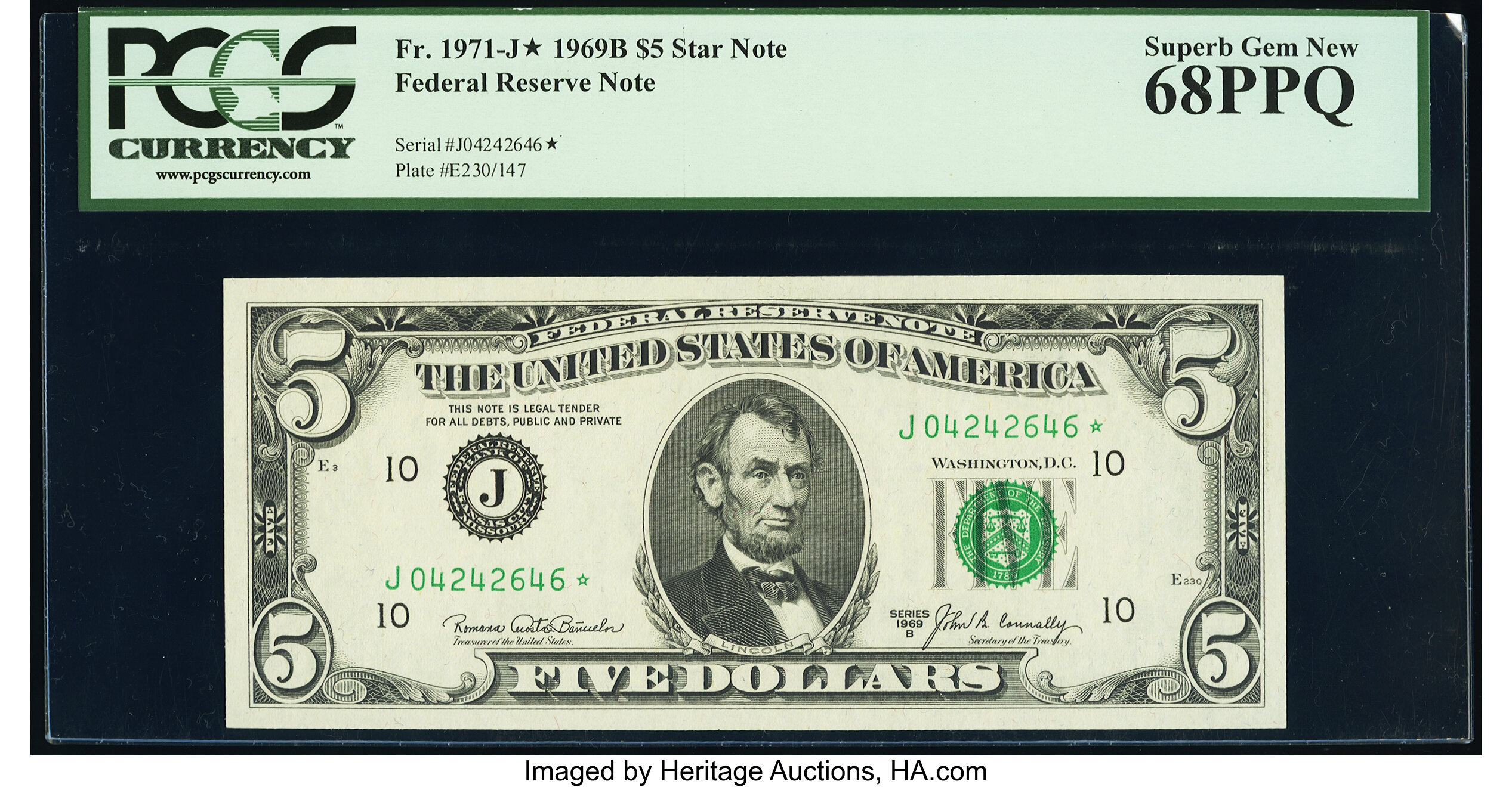 image for: Fr. 1971-J* $5 1969B Federal Reserve Star Note. PCGS Superb Gem New 68PPQ....