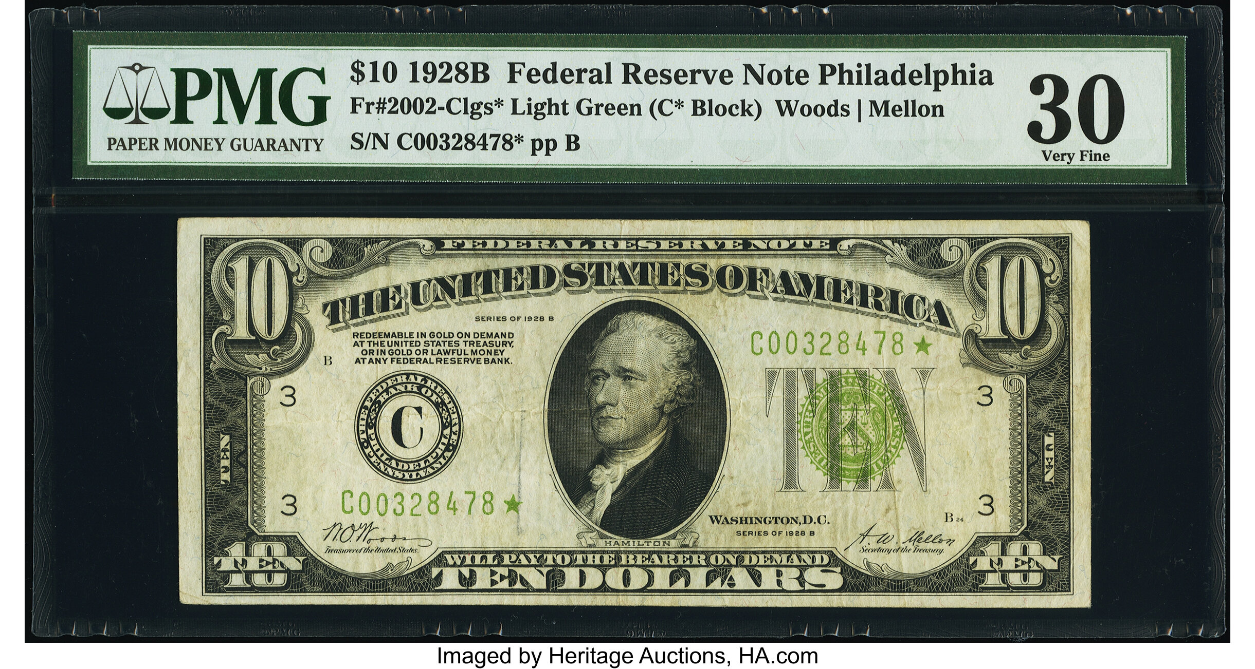 image for: Fr. 2002-C* $10 1928B Light Green Seal Federal Reserve Star Note. PMG Very Fine 30....