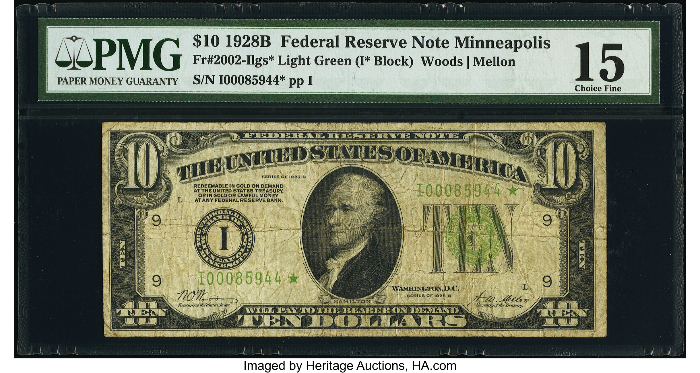 image for: Fr. 2002-I* $10 1928B Light Green Seal Federal Reserve Star Note. PMG Choice Fine 15....