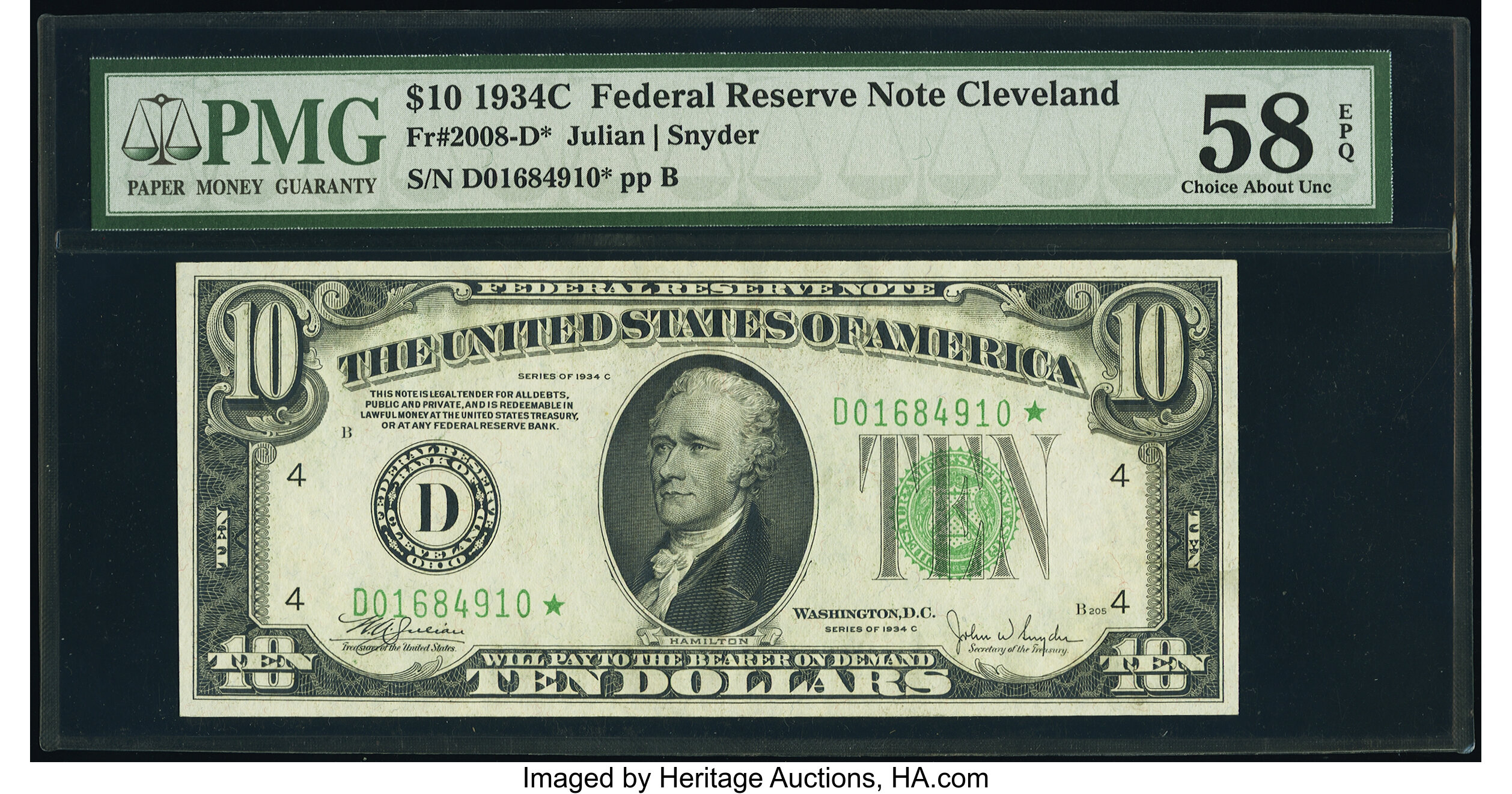 image for: Fr. 2008-D* $10 1934C Wide Federal Reserve Star Note. PMG Choice About Unc 58 EPQ....