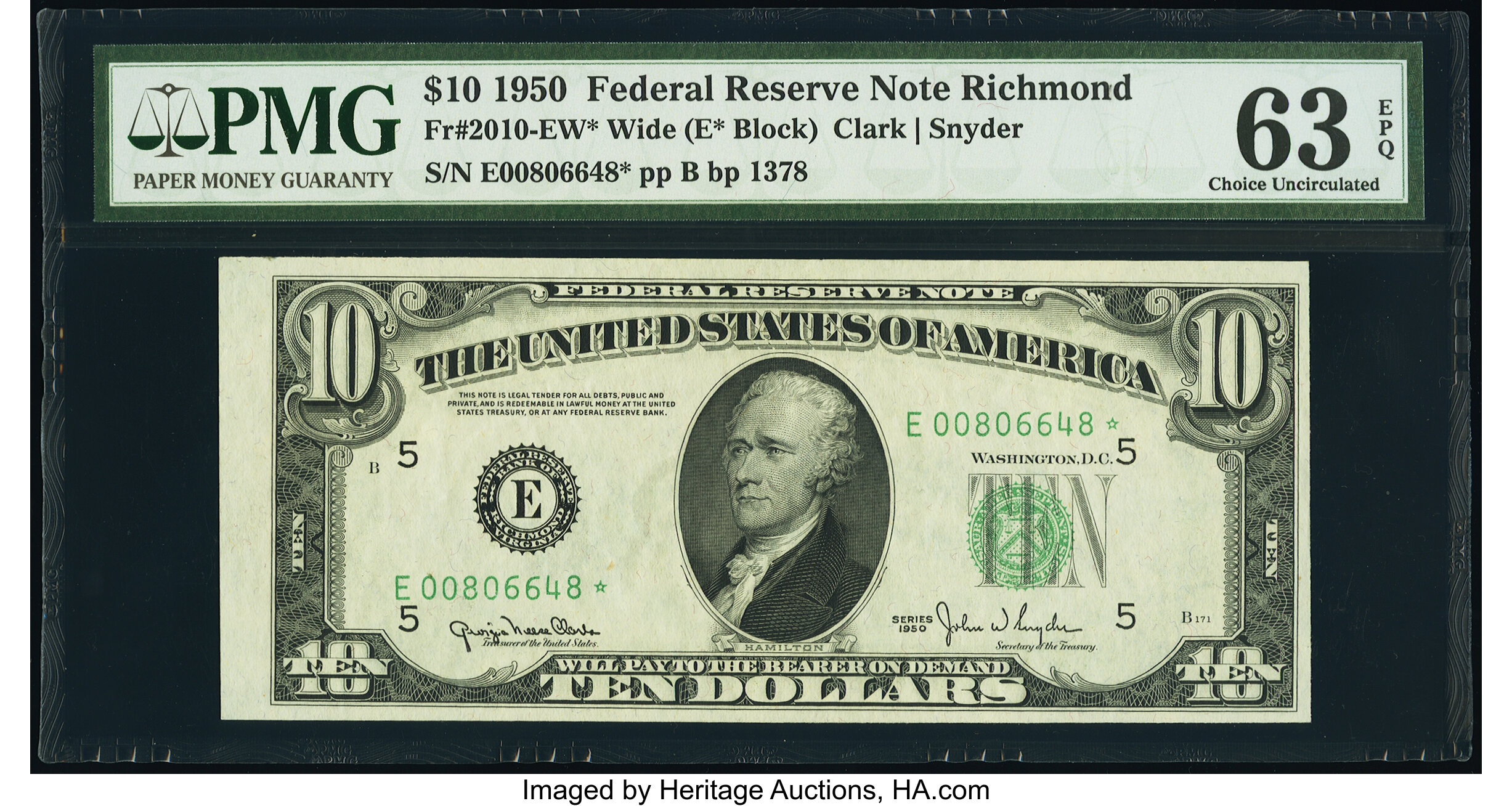 image for: Fr. 2010-E* $10 1950 Wide Federal Reserve Star Note. PMG Choice Uncirculated 63 EPQ....