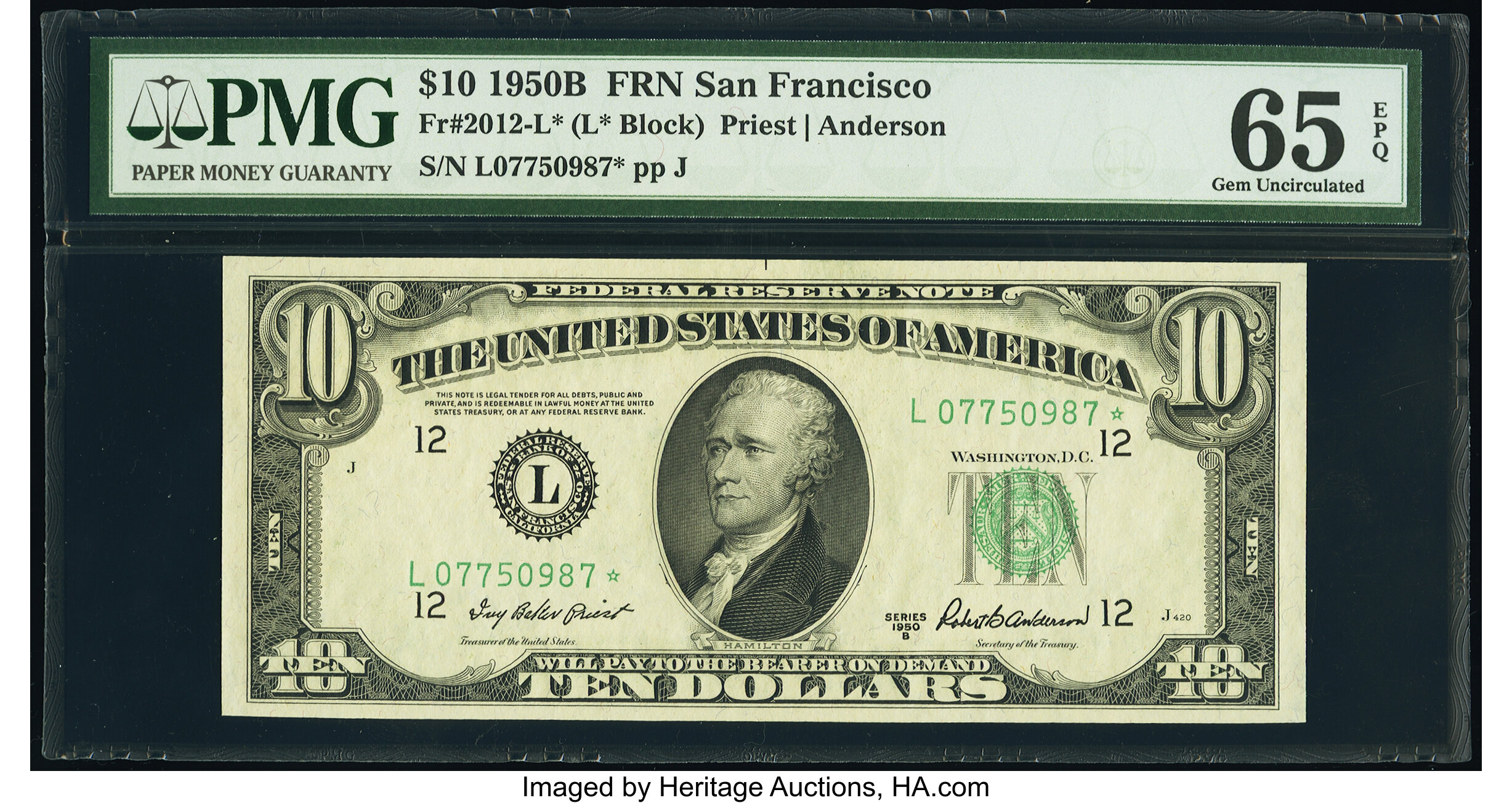 image for: Fr. 2012-L* $10 1950B Federal Reserve Star Note. PMG Gem Uncirculated 65 EPQ....