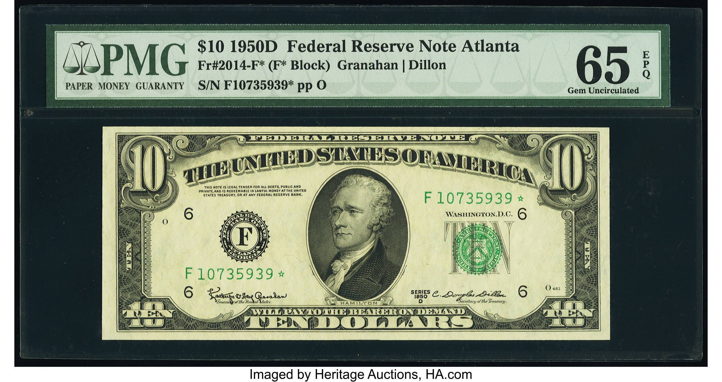 image for: Fr. 2014-F* $10 1950D Federal Reserve Star Note. PMG Gem Uncirculated 65 EPQ....