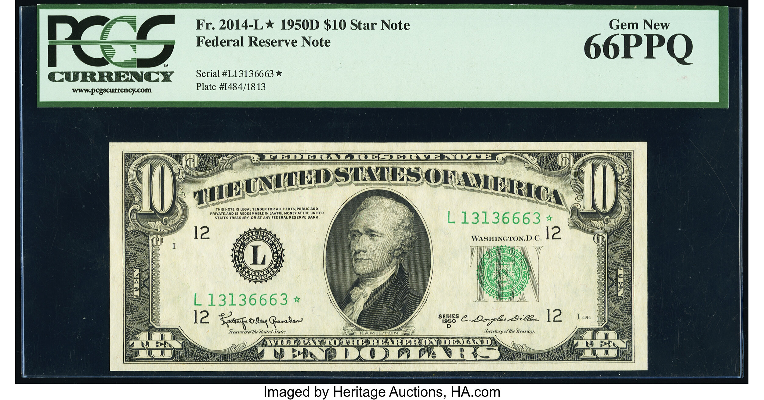 image for: Fr. 2014-L* $10 1950D Federal Reserve Star Note. PCGS Gem New 66PPQ....