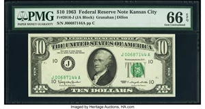 image for: Fr. 2016-J $10 1963 Federal Reserve Note. PMG Gem Uncirculated 66 EPQ....