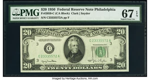 image for: Fr. 2059-C $20 1950 Federal Reserve Note. PMG Superb Gem Unc 67 EPQ....