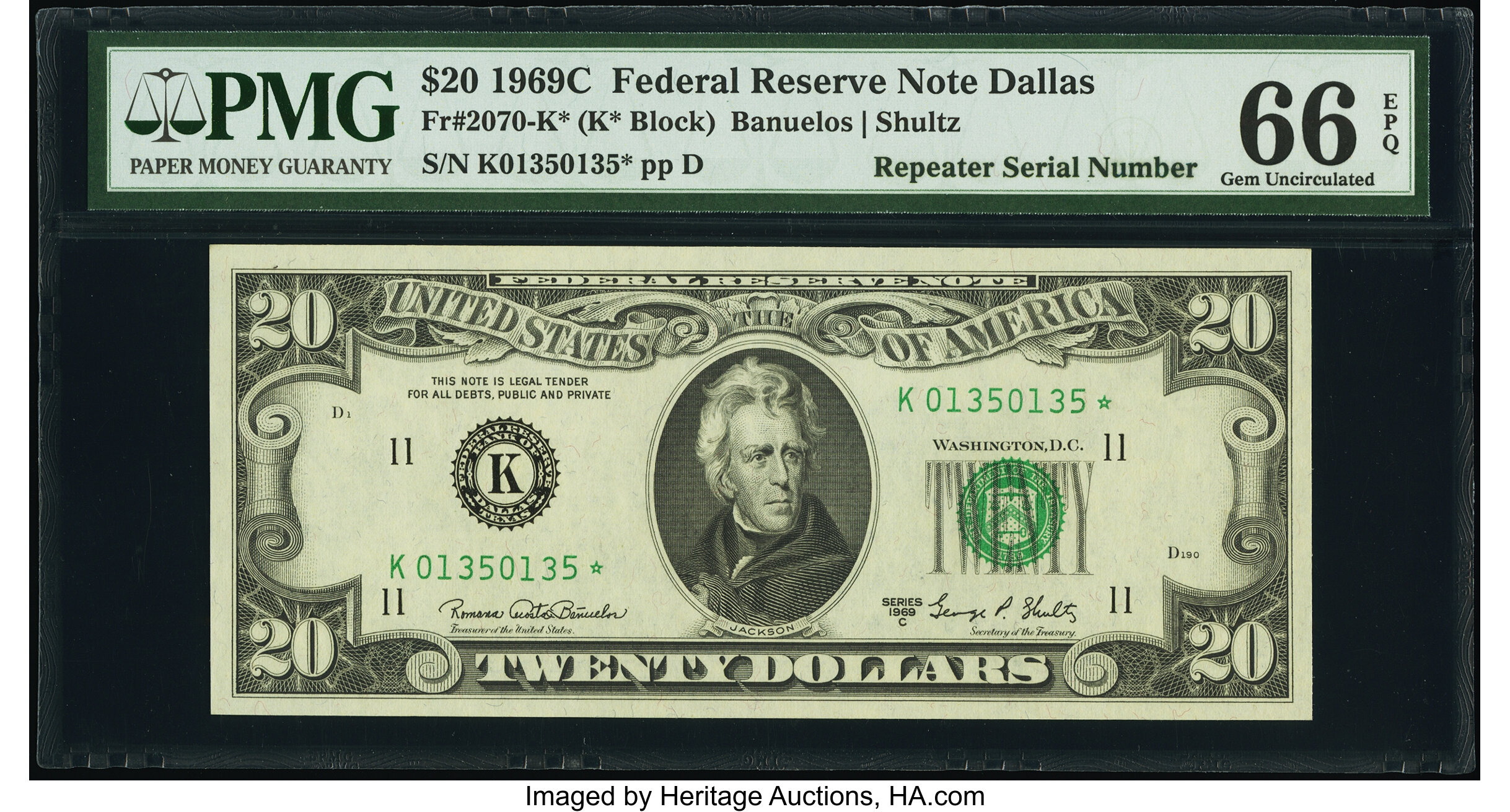 image for: Repeater Serial Number 01350135 Fr. 2070-K* $20 1969C Federal Reserve Star Note. PMG Gem Uncirculated 66 EPQ....