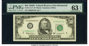image for: Fr. 2111-E* $50 1950D Federal Reserve Star Note. PMG Choice Uncirculated 63 EPQ....