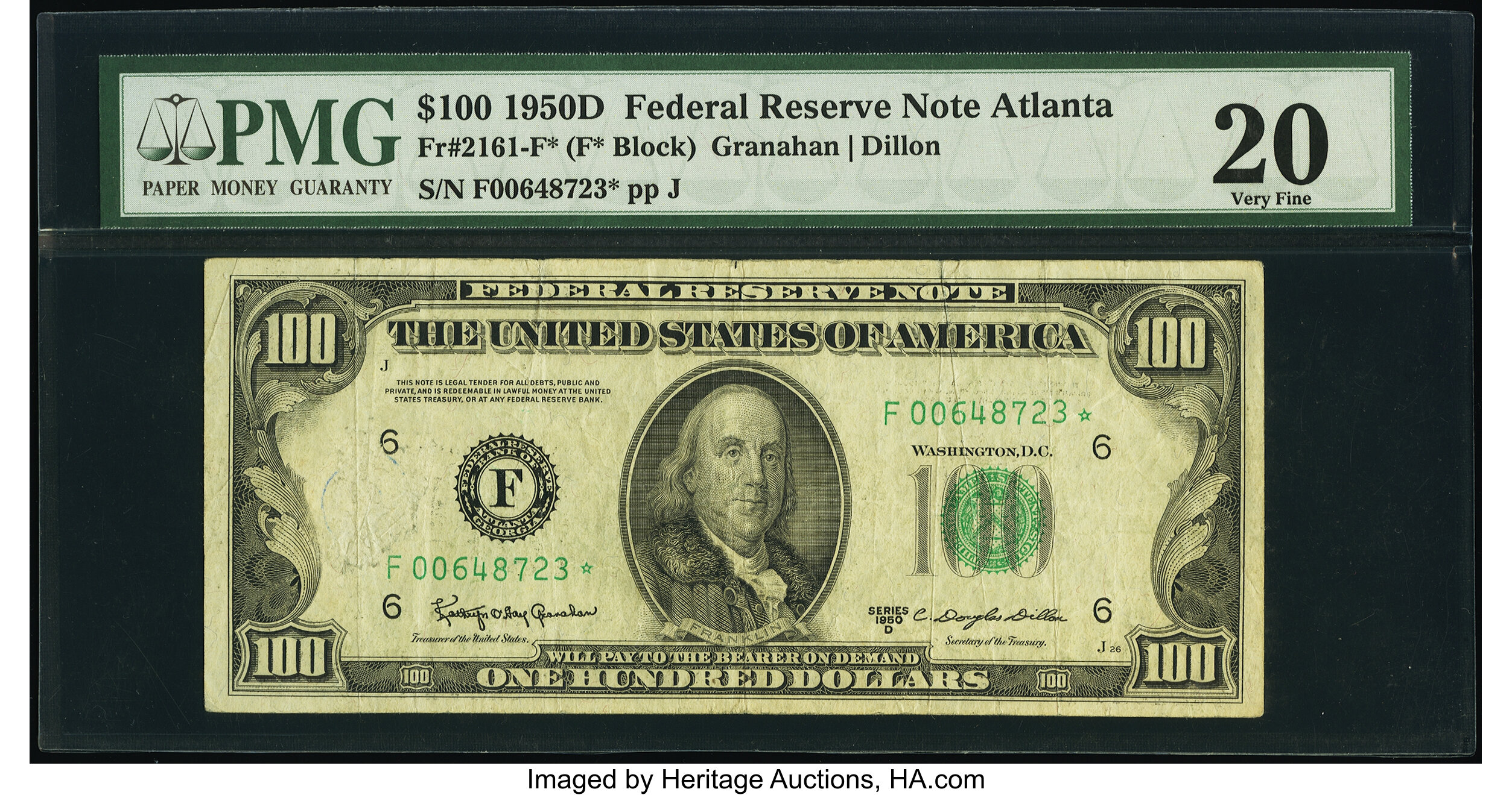 image for: Fr. 2161-F* $100 1950D Federal Reserve Star Note. PMG Very Fine 20....