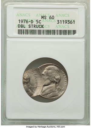 image for: 1976-D 5C Jefferson Nickel -- Double Struck -- MS60 ANACS. Mintage 563,964,147....