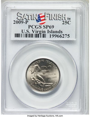 image for: 2009-P 25C U.S. Virgin Islands, Satin Finish SP69 PCGS. PCGS Population: (56/0). NGC Census: (0/0)....