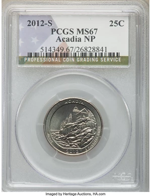 image for: 2012-S 25C Acadia, National Park, MS67 PCGS. PCGS Population: (64/9). NGC Census: (0/0). CDN: $7 Whsle. Bid for NGC/PCGS MS...