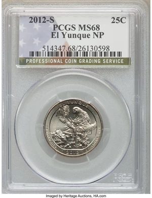 image for: 2012-S 25C El Yunque National Park MS68 PCGS. PCGS Population: (21/0). NGC Census: (0/0). Mintage 37,600,000. ...