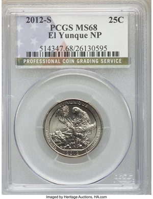 image for: 2012-S 25C El Yunque National Park MS68 PCGS. PCGS Population: (21/0). NGC Census: (0/0). Mintage 37,600,000....