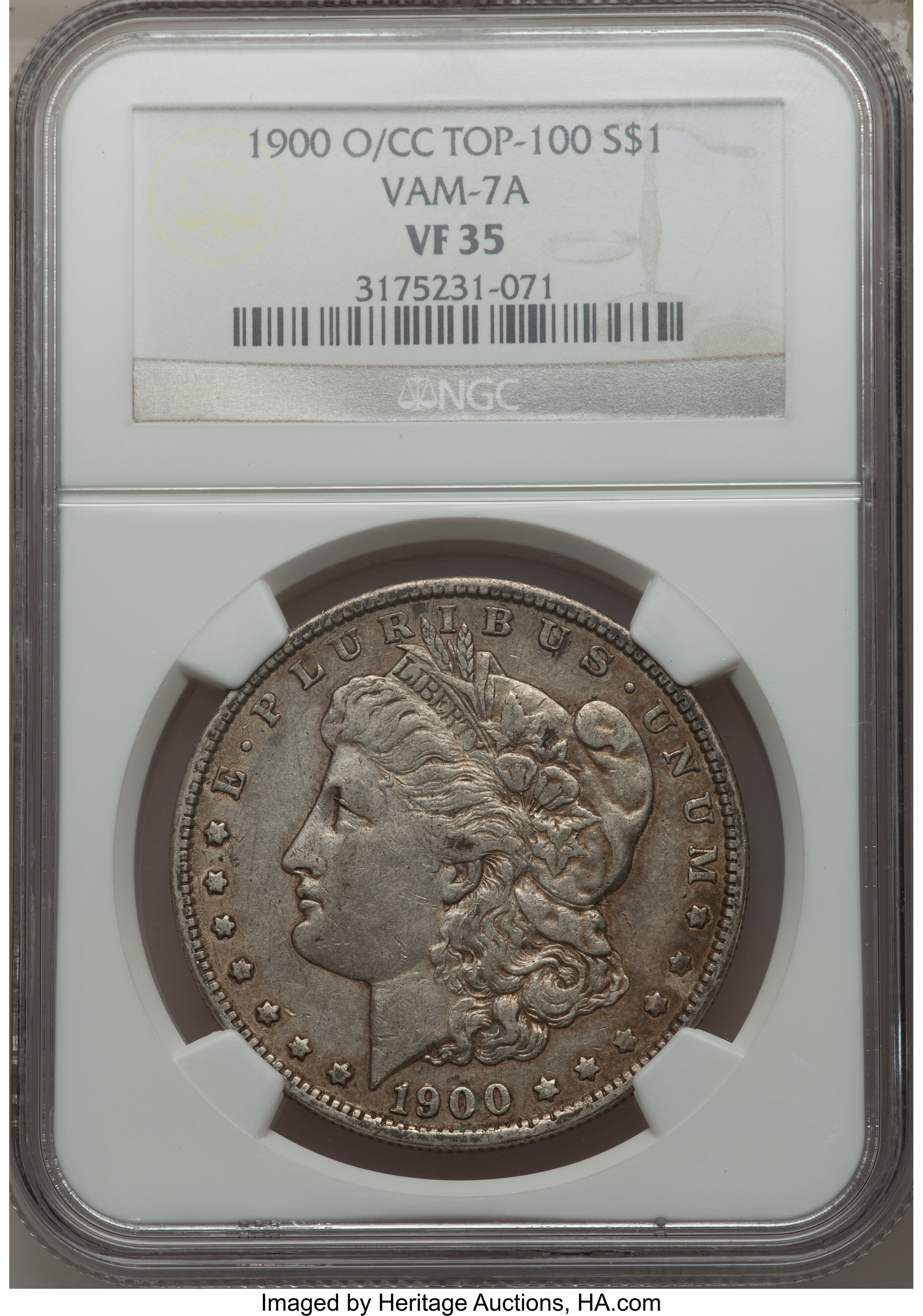 image for: 1900-O/CC $1 VAM-7A VF35 NGC. A Top-100 Variety. NGC Census: (0/0). PCGS Population: (6/41). CDN: $120 Whsle. Bid for NGC/P...