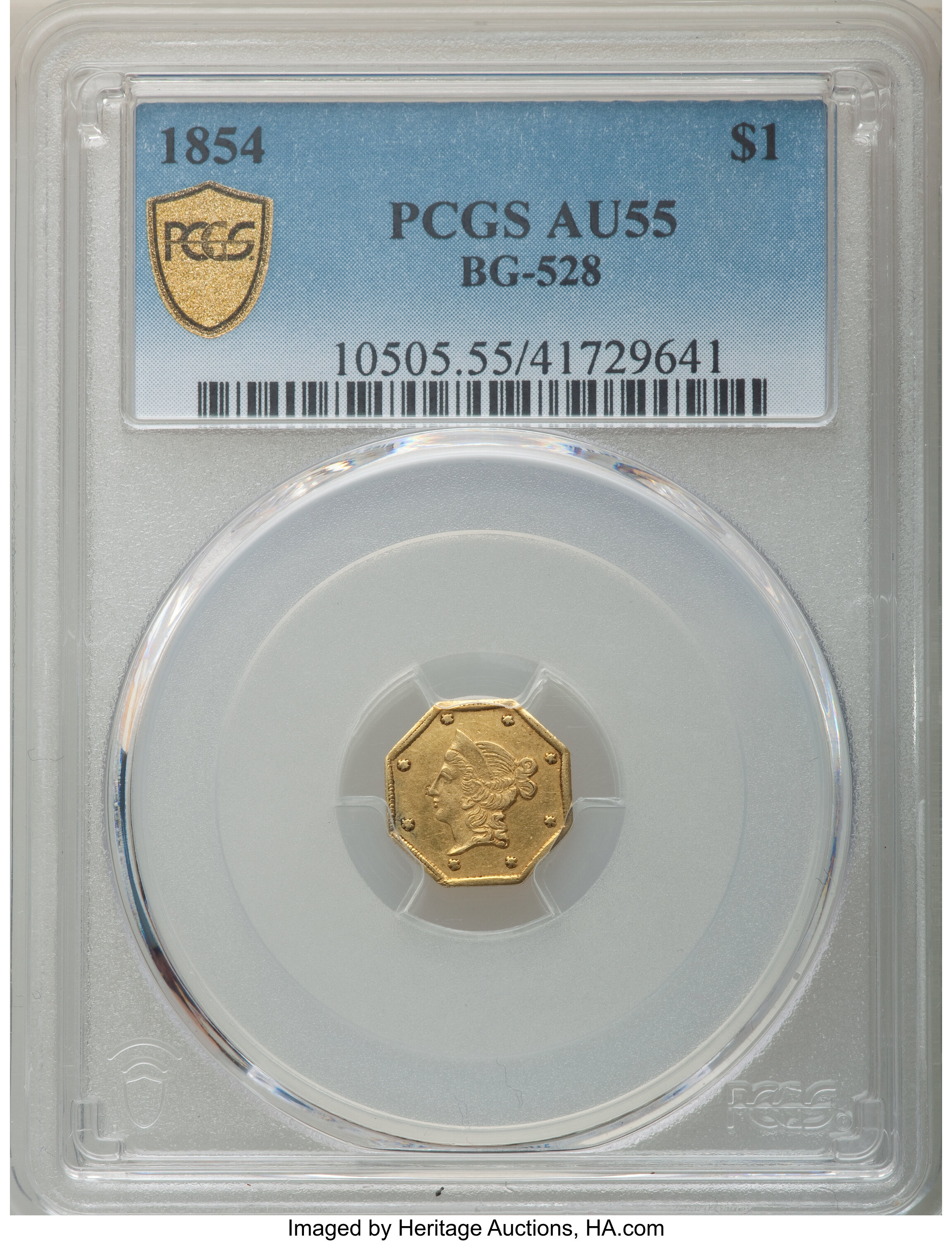 image for: 1854 $1 Liberty Octagonal 1 Dollar, BG-528, R.6, AU55 PCGS. PCGS Population: (5/10 and 0/0+). NGC Census: (0/2 and 0/0+).  ...