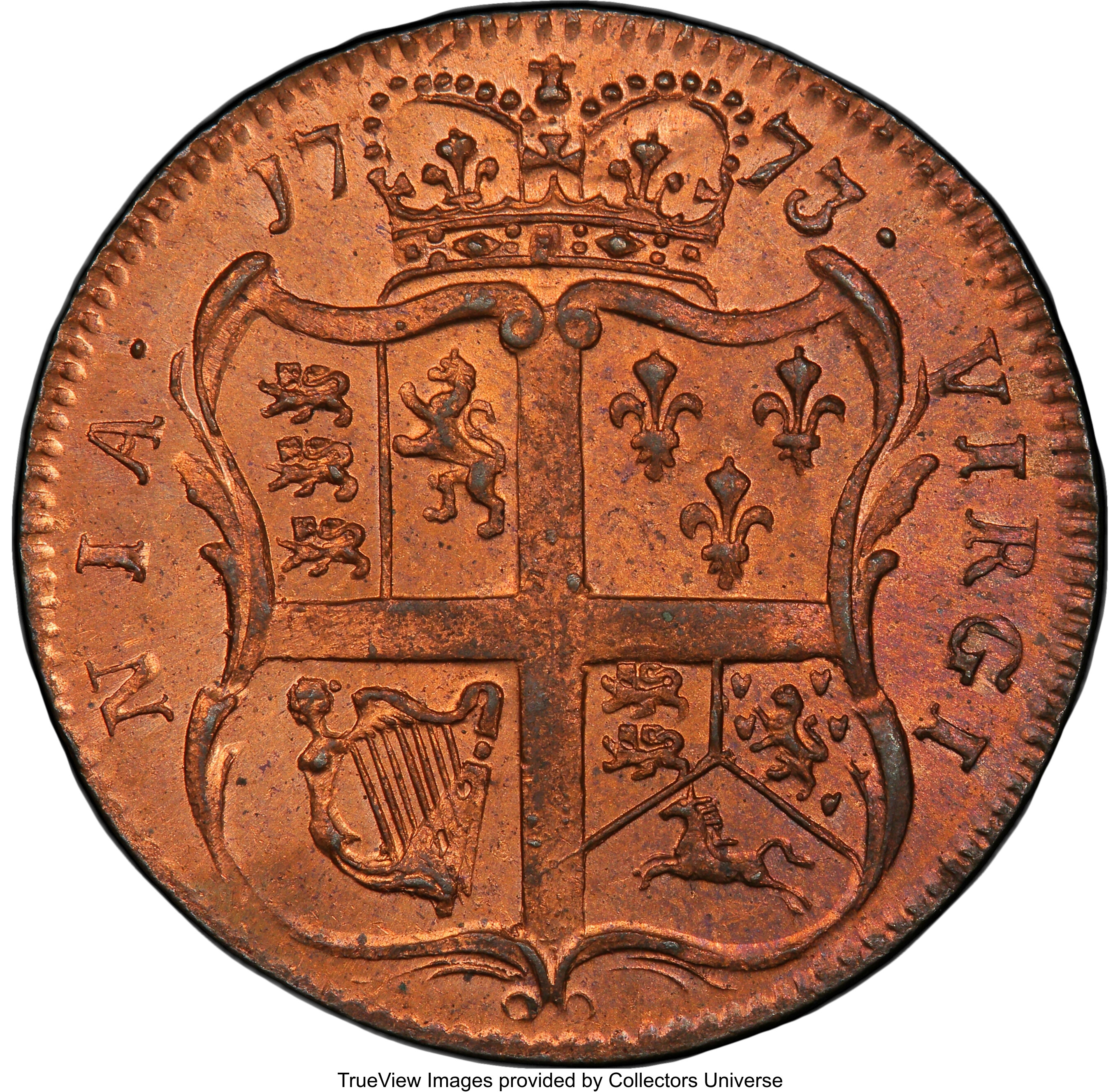 image for: 1773 1/2 P Virginia Halfpenny, No Period, MS64 Red PCGS. N. 4-G, W-1460, R.3....