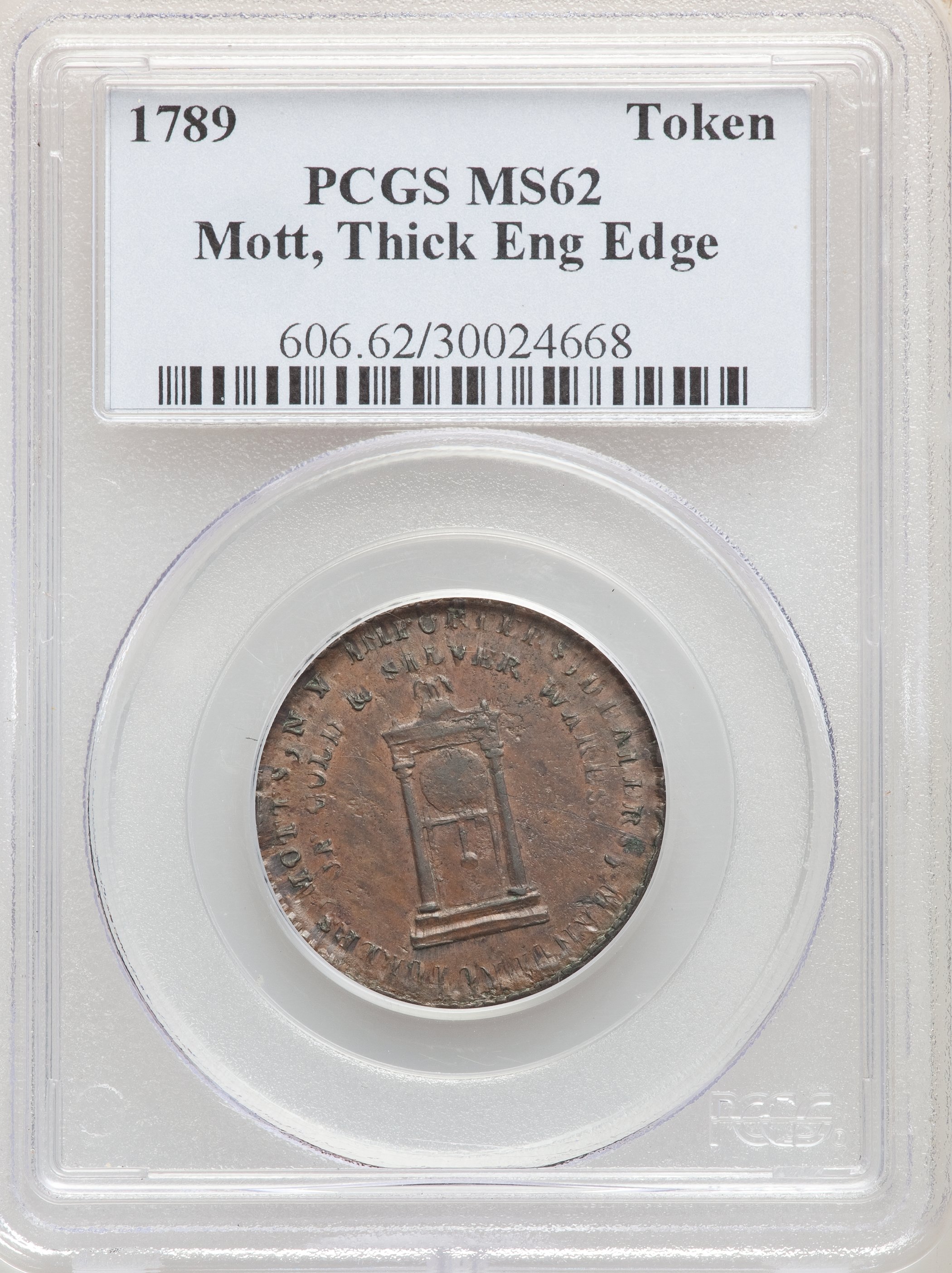 image for: 1789 TOKEN Mott Token, Thick Planchet, Engrailed Edge MS62 Brown PCGS. Breen-1024, Rulau-E-NY-612.  PCGS Population: (5/0)....