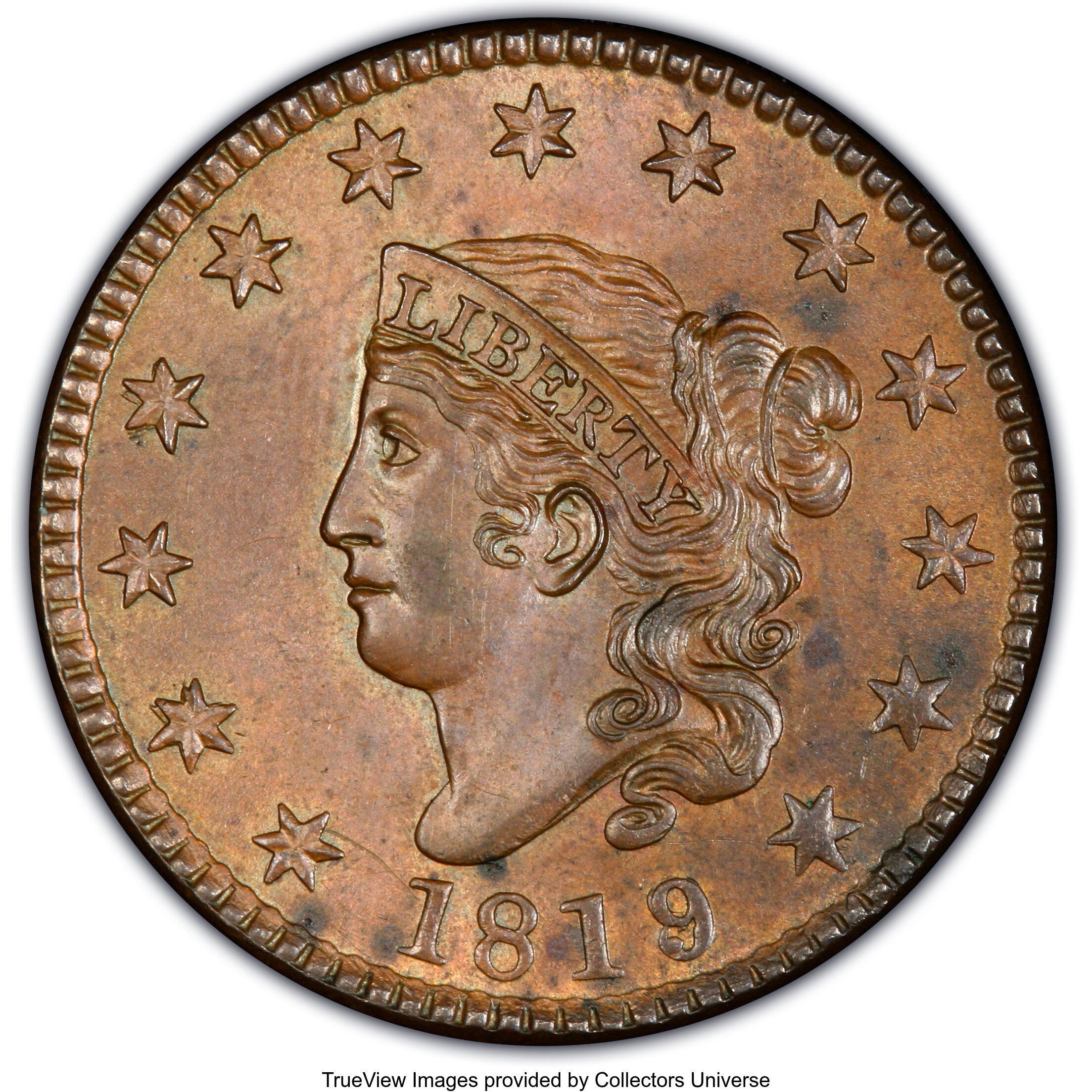 image for: 1819/8 1C Large Date, N-1, R.1, MS64 Brown PCGS. Ex: Dan Holmes. PCGS Population: (4/2). NGC Census: (2/0). MS64.Ex: Ve...