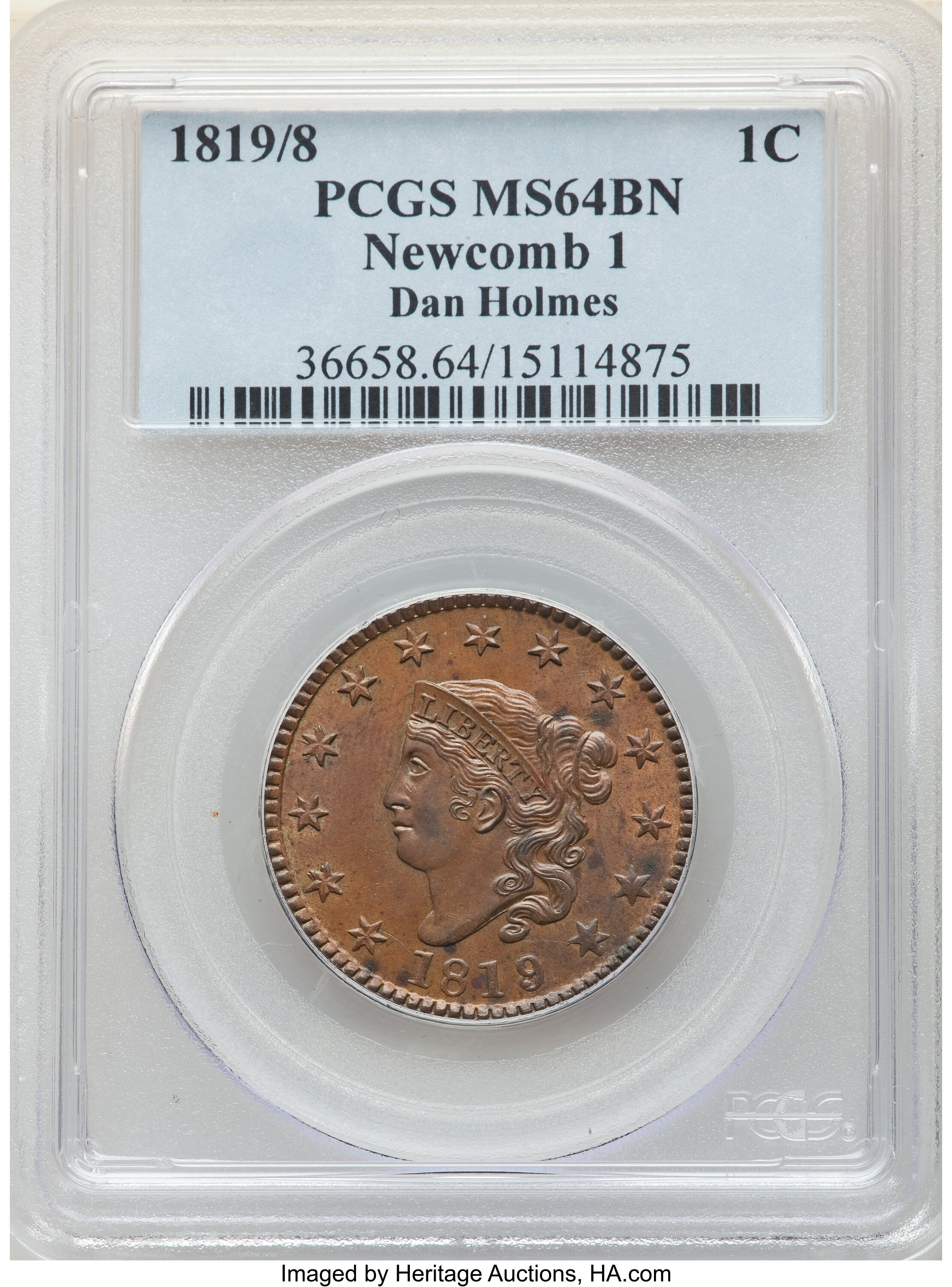 image for: 1819/8 1C Large Date, N-1, R.1, MS64 Brown PCGS. Ex: Dan Holmes. PCGS Population: (4/2). NGC Census: (2/0). MS64.Ex: Ve...