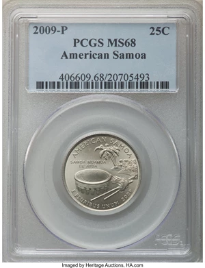 image for: 2009-P 25C American Samoa MS68 PCGS. PCGS Population: (2/0). NGC Census: (5/0). ...