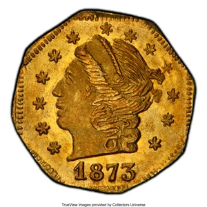 image for: 1873 25C Liberty Head Octagonal 25 Cents, BG-728, R.3, MS67 PCGS. PCGS Population: (5/0 and 1/0+). NGC Census: (7/2 and 0/0...