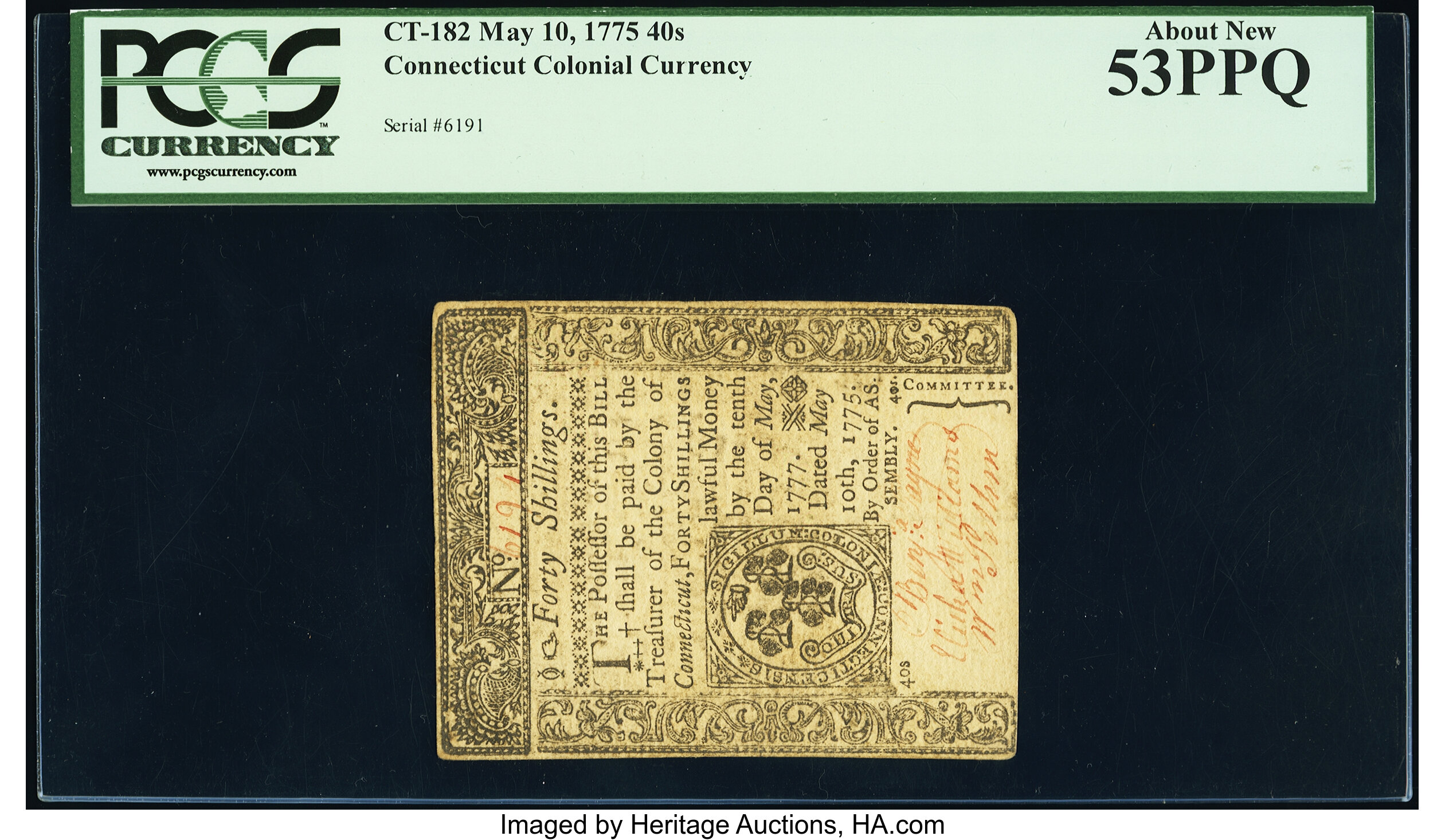 image for: Connecticut May 10, 1775 40s PCGS About New 53PPQ....