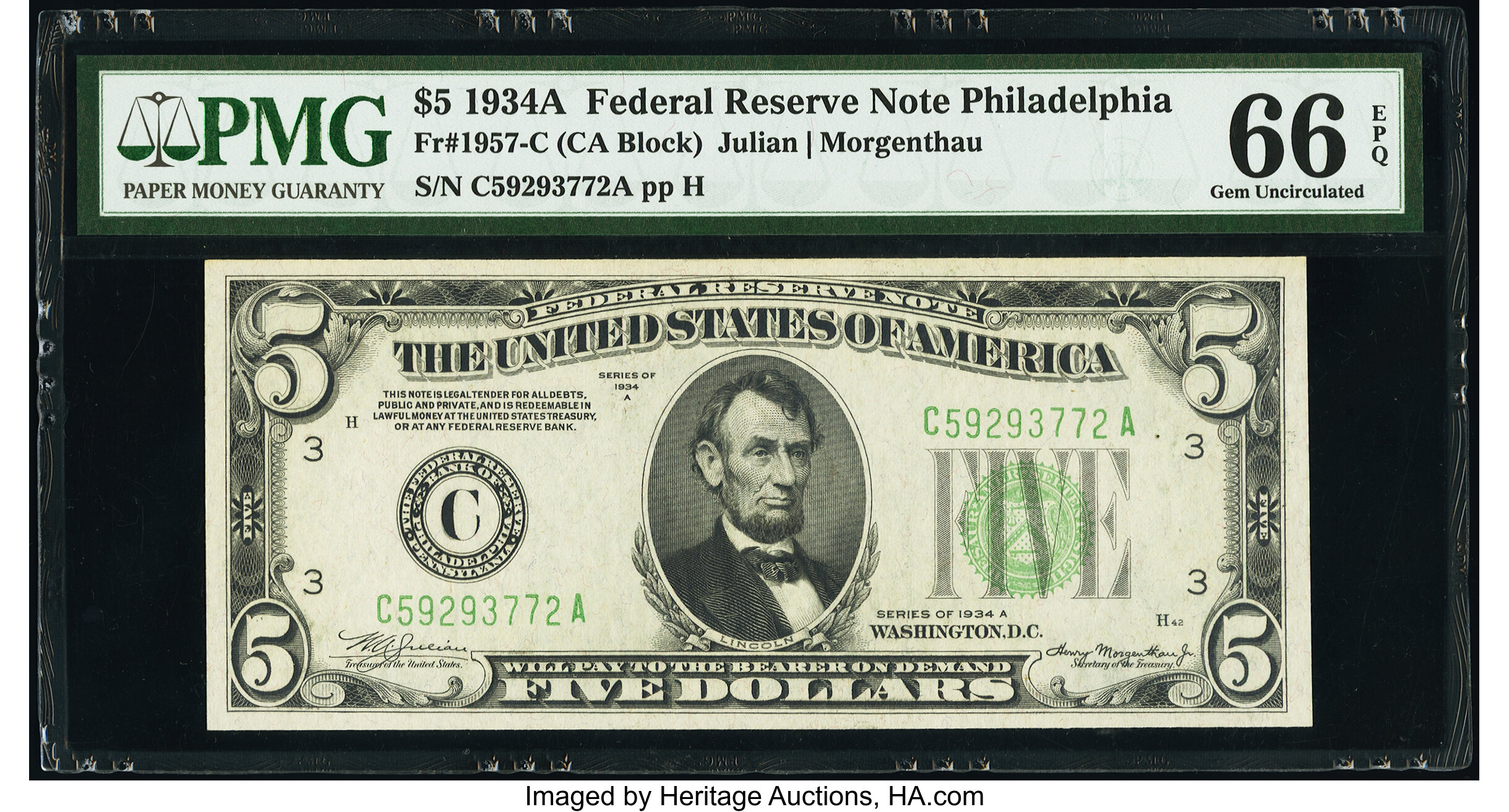 image for: Fr. 1957-C $5 1934A Federal Reserve Note. PMG Gem Uncirculated 66 EPQ....