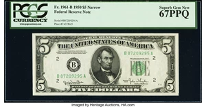 image for: Fr. 1961-B $5 1950 Narrow Federal Reserve Note. PCGS Superb Gem New 67PPQ....