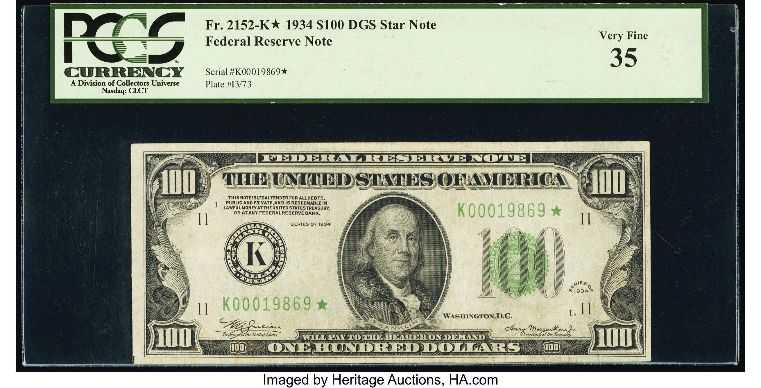 image for: Fr. 2152-K* $100 1934 Dark Green Seal Federal Reserve Star Note. PCGS Very Fine 35....