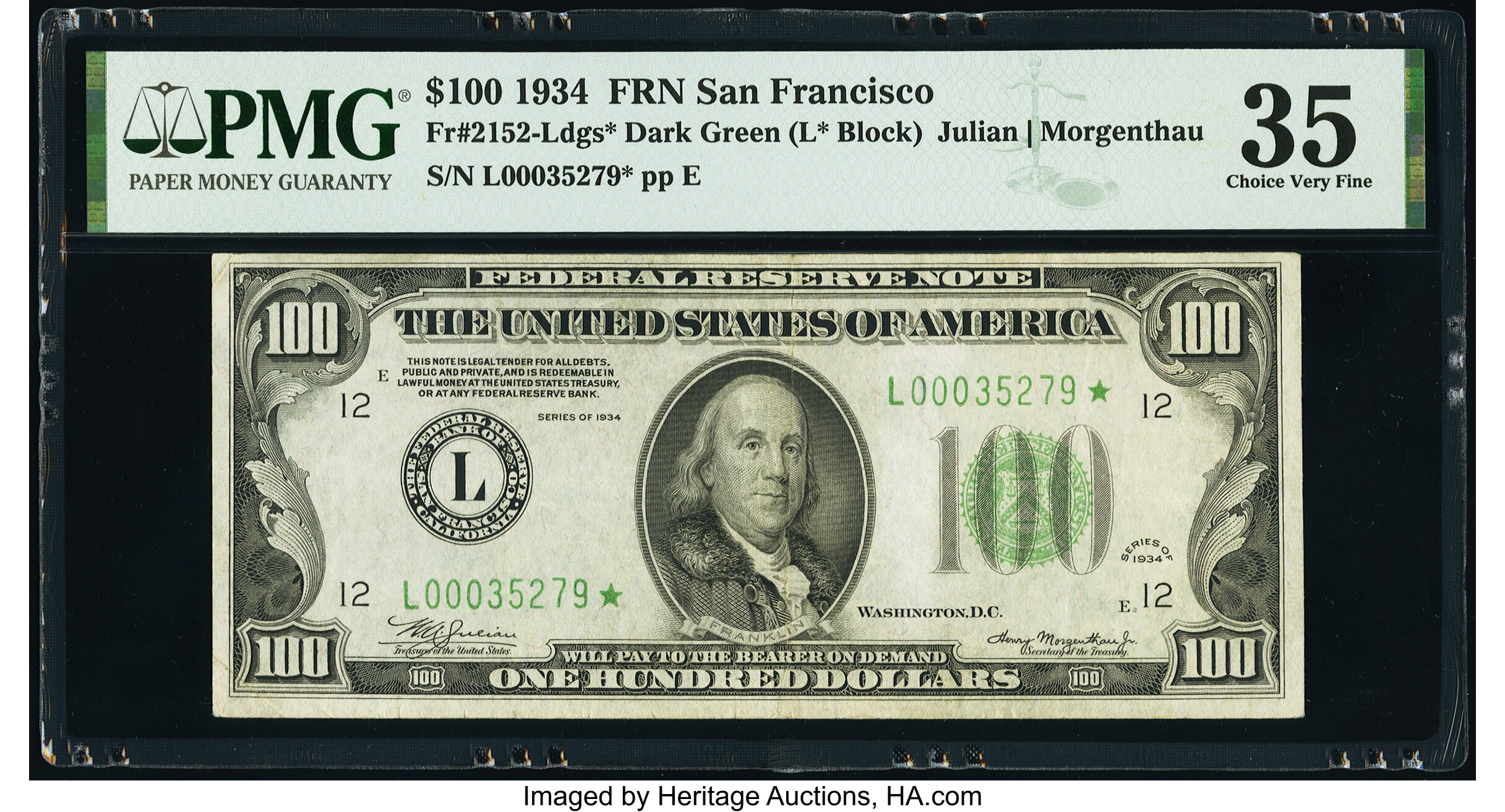 image for: Fr. 2152-L* $100 1934 Dark Green Seal Federal Reserve Star Note. PMG Choice Very Fine 35....