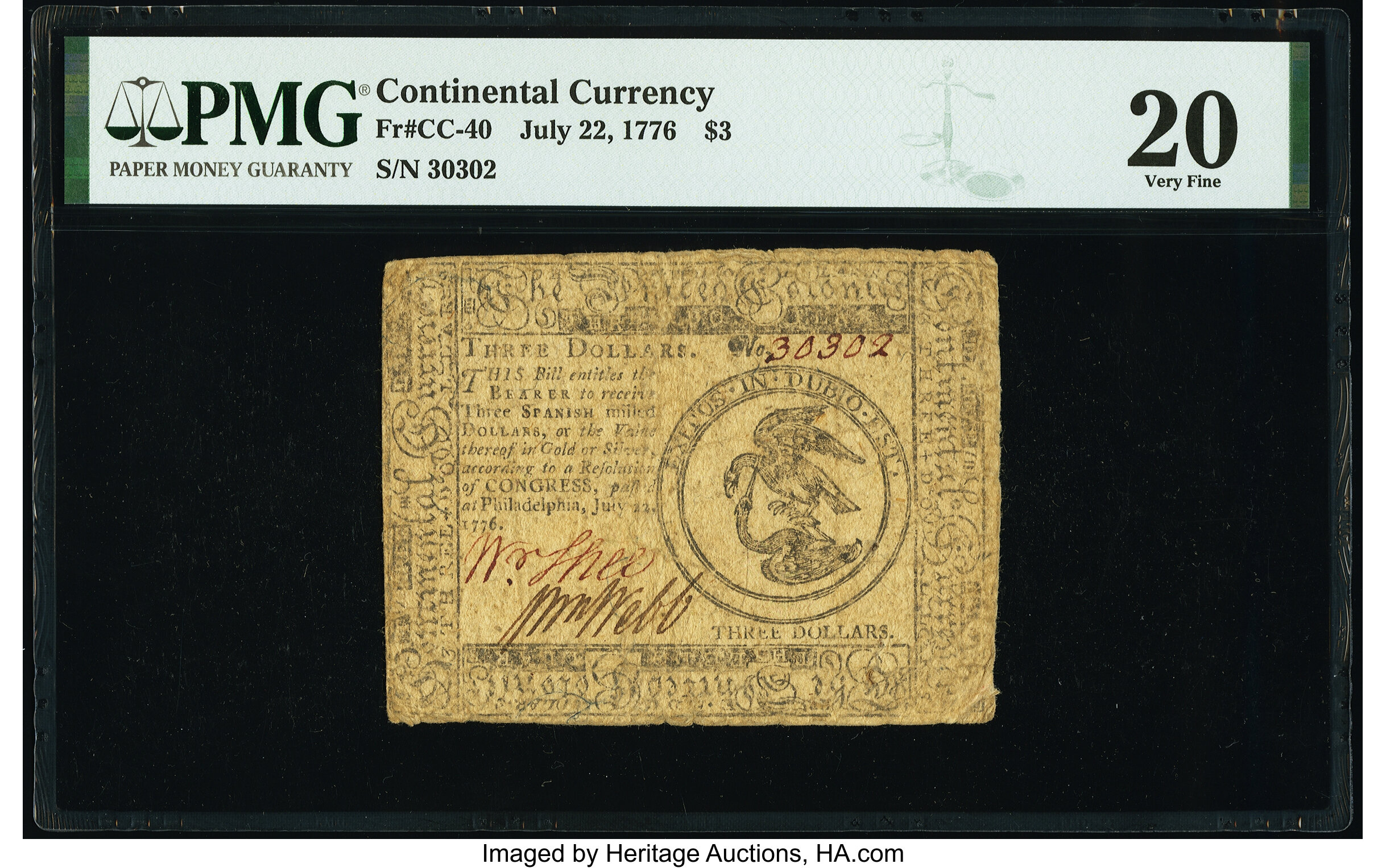 image for: Continental Currency July 22, 1776 $3 PMG Very Fine 20....