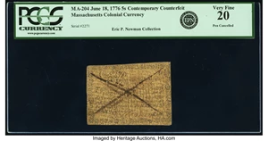 image for: Massachusetts June 18, 1776 5s PCGS Very Fine 20....
