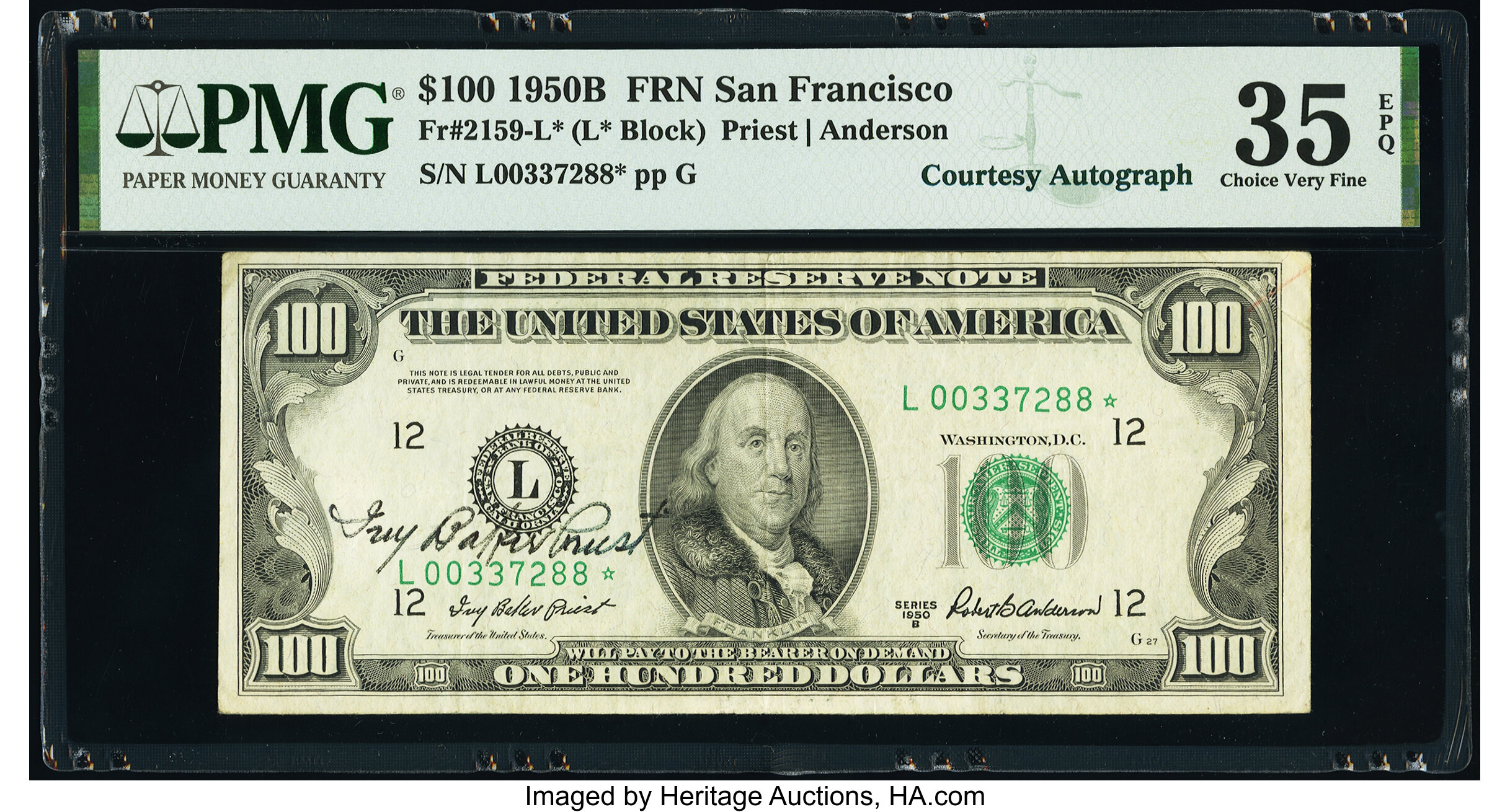 image for: Ivy Baker Priest Courtesy Autographed Fr. 2159-L* $100 1950B Federal Reserve Star Note. PMG Choice Very Fine 35 EPQ....