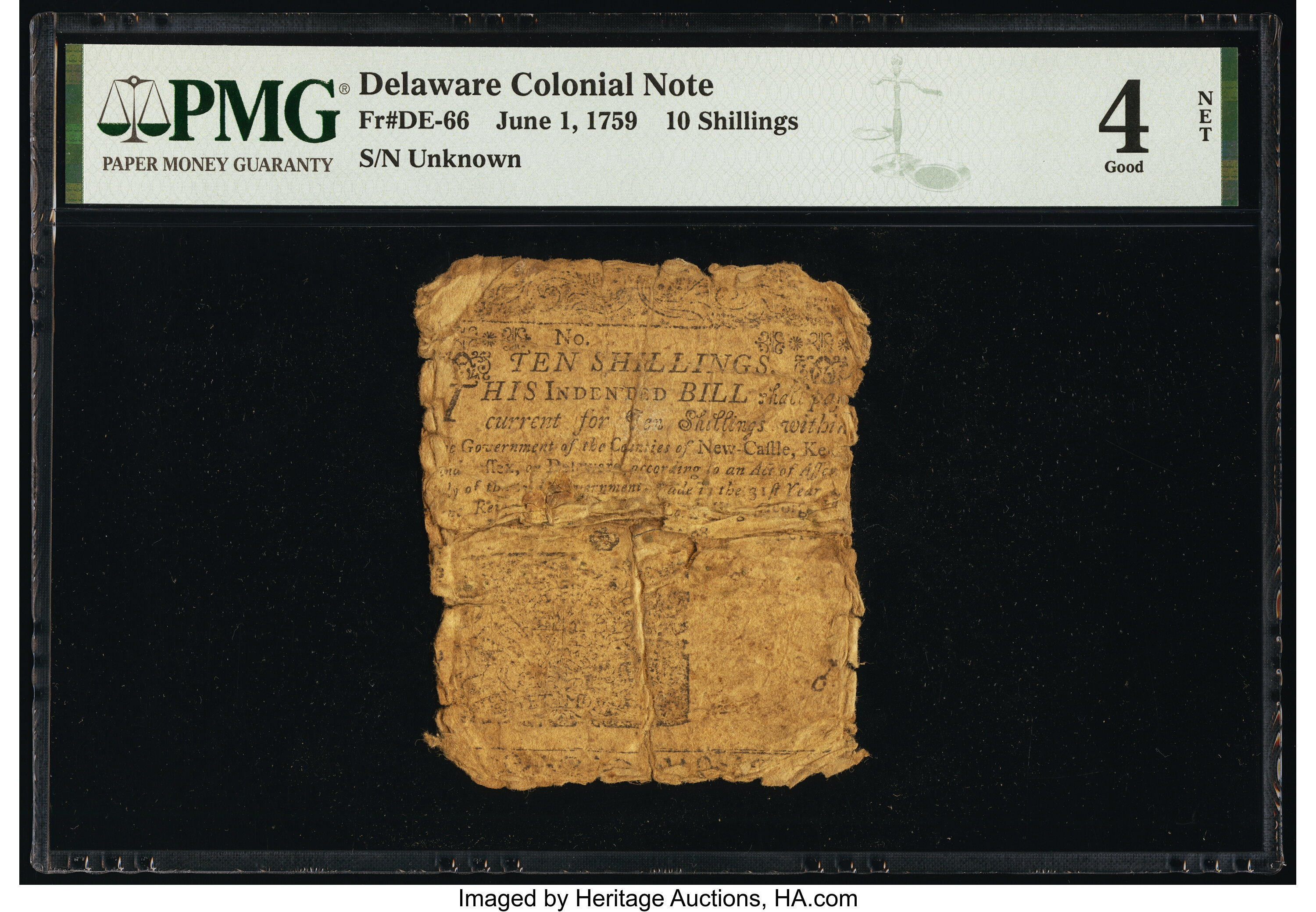 image for: Delaware June 1, 1759 10s PMG Good 4 Net....