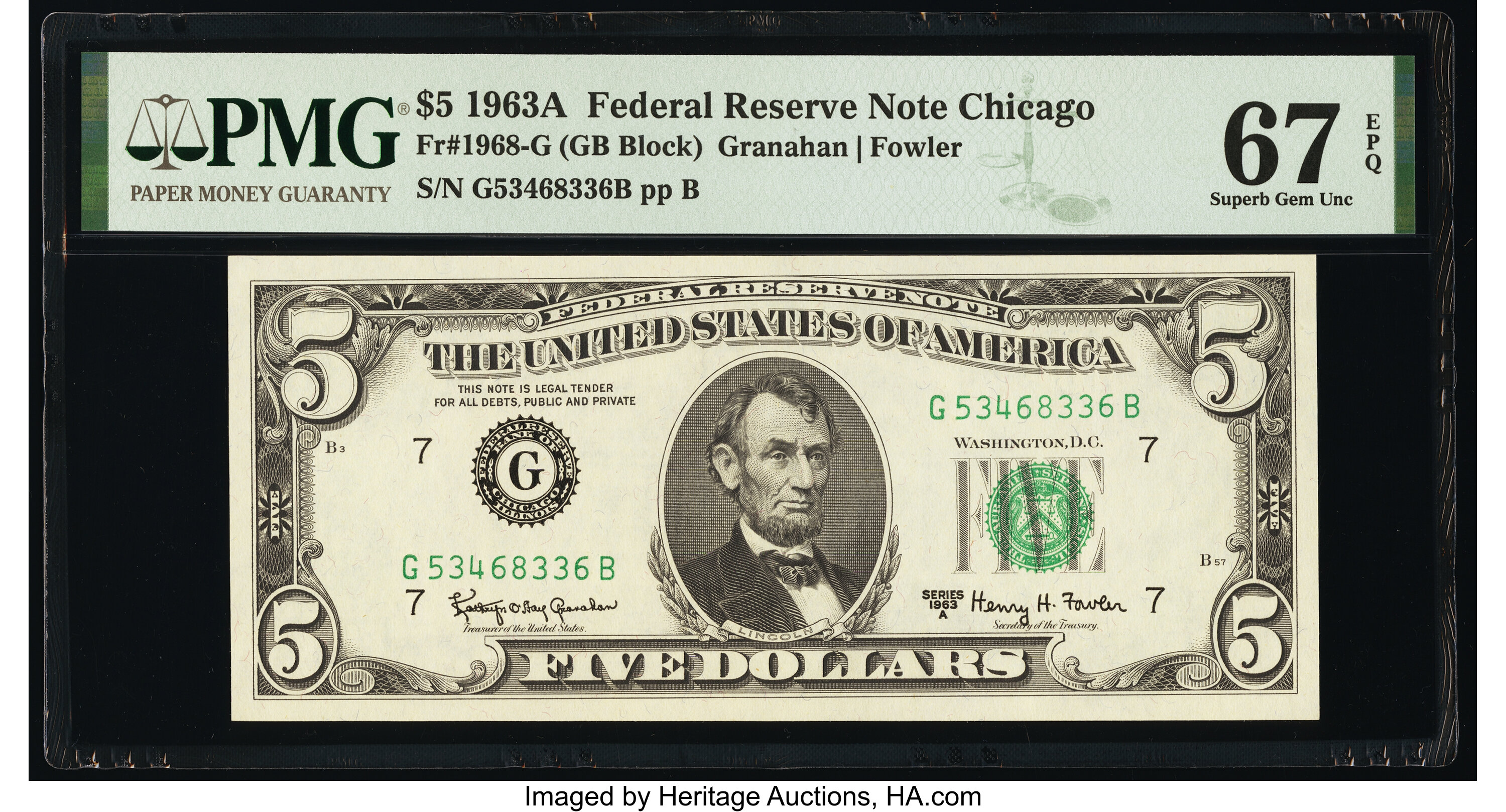 image for: Fr. 1968-G $5 1963A Federal Reserve Note. PMG Superb Gem Unc 67 EPQ....