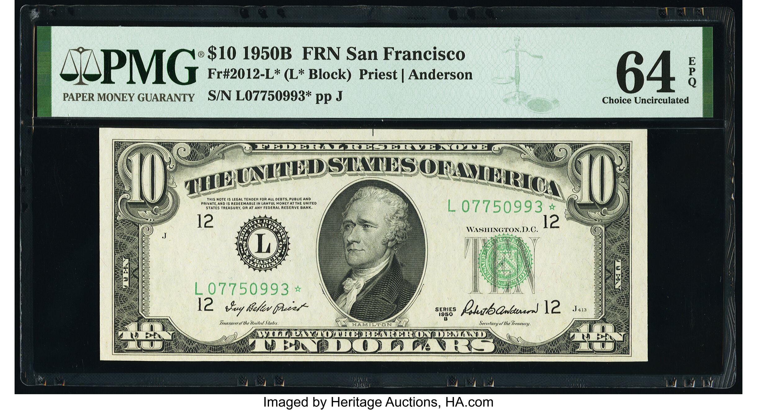 image for: Fr. 2012-L* $10 1950B Federal Reserve Star Note. PMG Choice Uncirculated 64 EPQ....