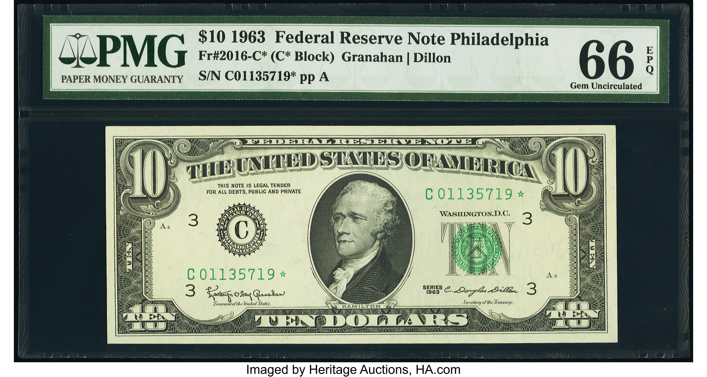 image for: Fr. 2016-C* $10 1963 Federal Reserve Star Note. PMG Gem Uncirculated 66 EPQ....