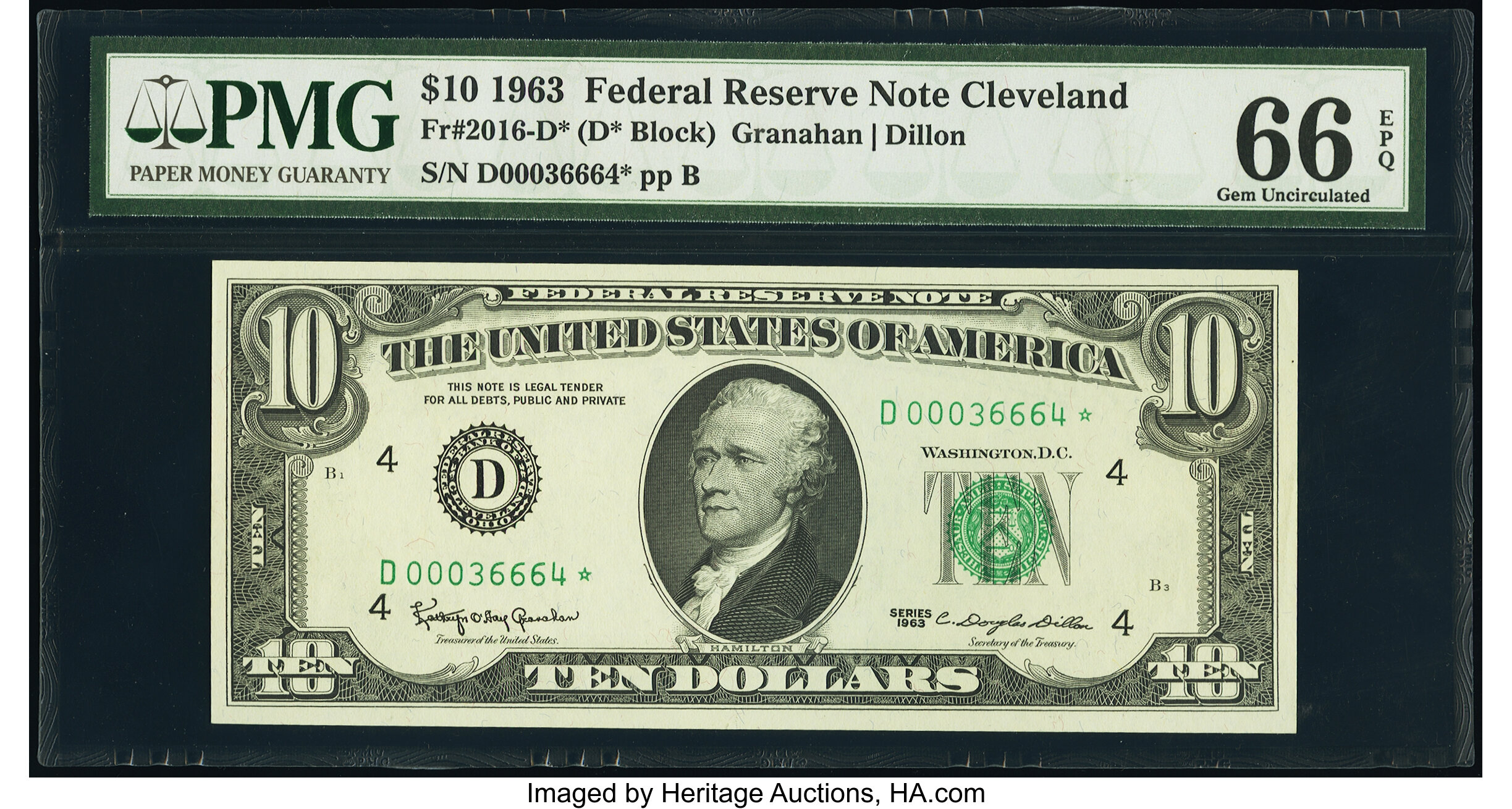 image for: Fr. 2016-D* $10 1963 Federal Reserve Star Note. PMG Gem Uncirculated 66 EPQ....