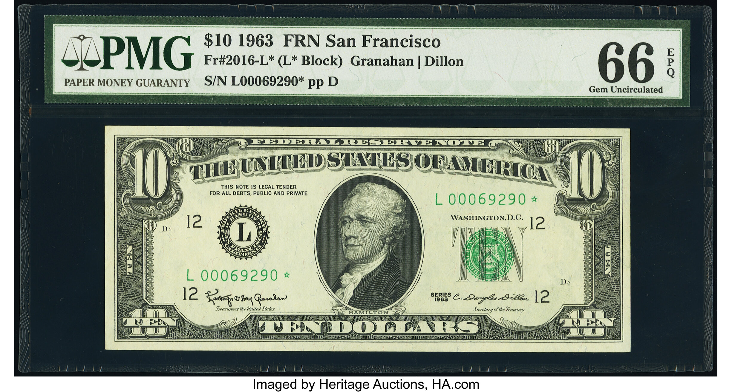image for: Fr. 2016-L* $10 1963 Federal Reserve Star Note. PMG Gem Uncirculated 66 EPQ....